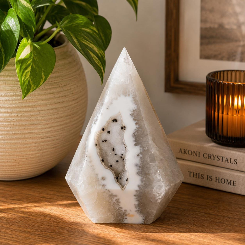 Brazilian Agate Diamond with Sugar Druzy Crystal Free Form Display
