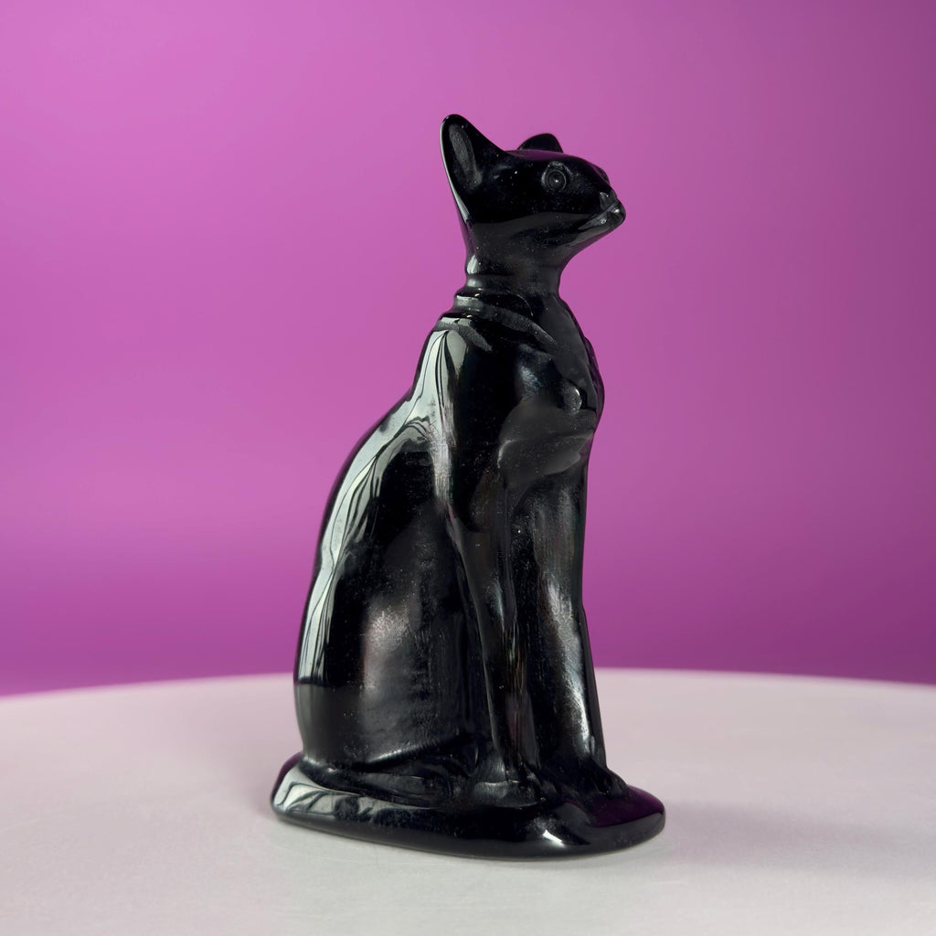 Obsidian Sphynx Cat Carving | Black Crystal Cat Statue | Collector Display Piece
