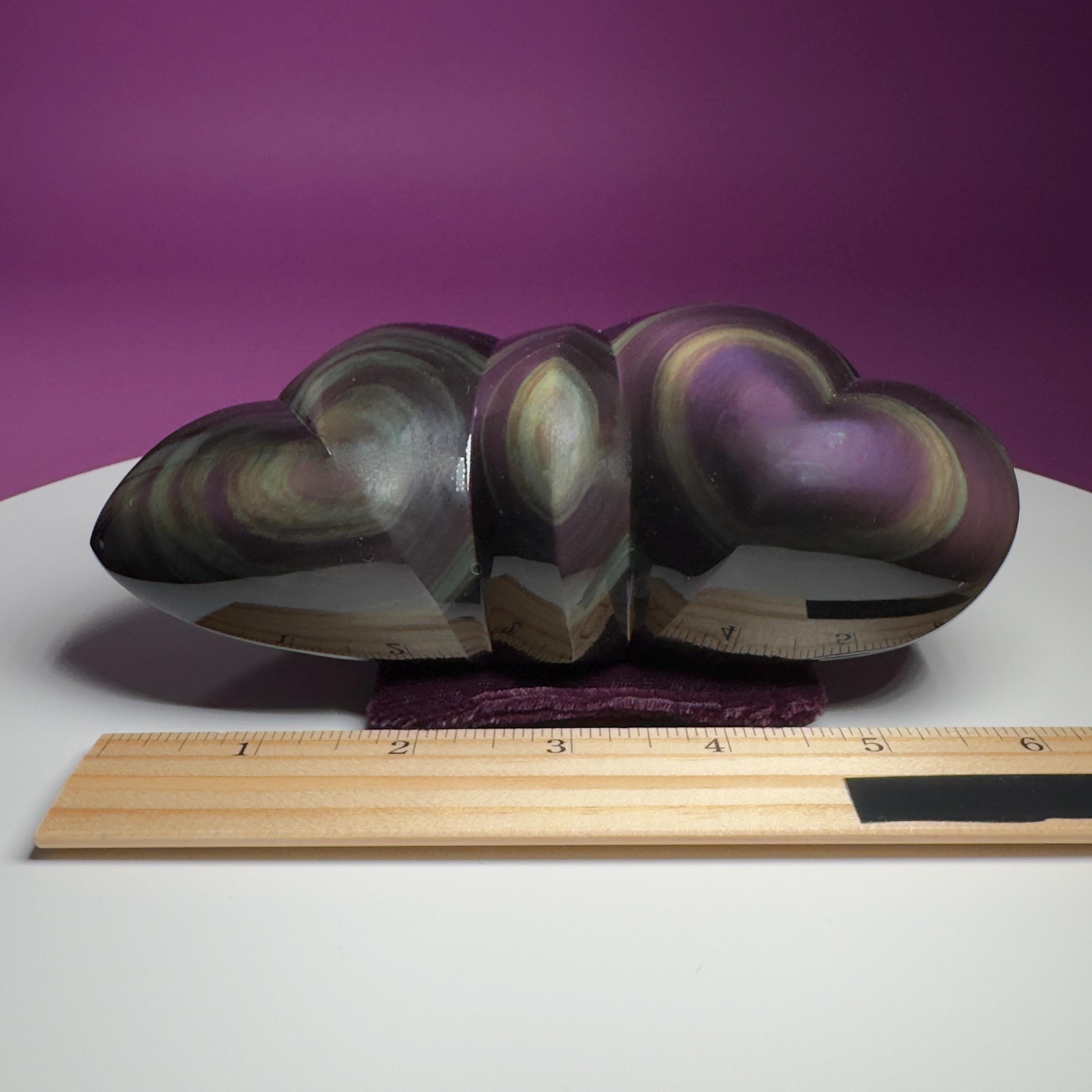 Rainbow Obsidian Double Heart Carving Mexico Collector Display, Velvet Pillow Display