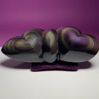 Rainbow Obsidian Double Heart Carving Mexico Collector Display, Velvet Pillow Display