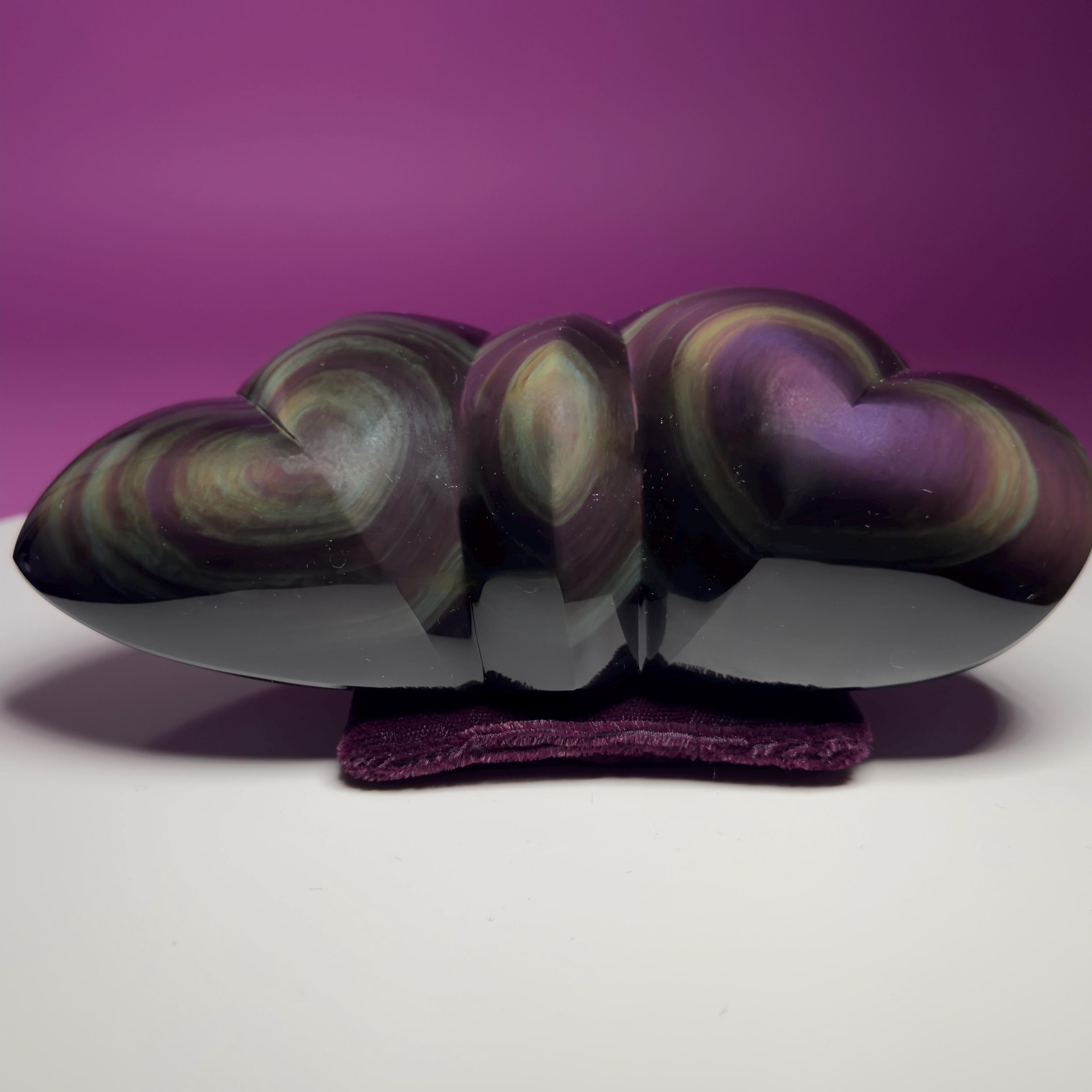 Rainbow Obsidian Double Heart Carving Mexico Collector Display, Velvet Pillow Display