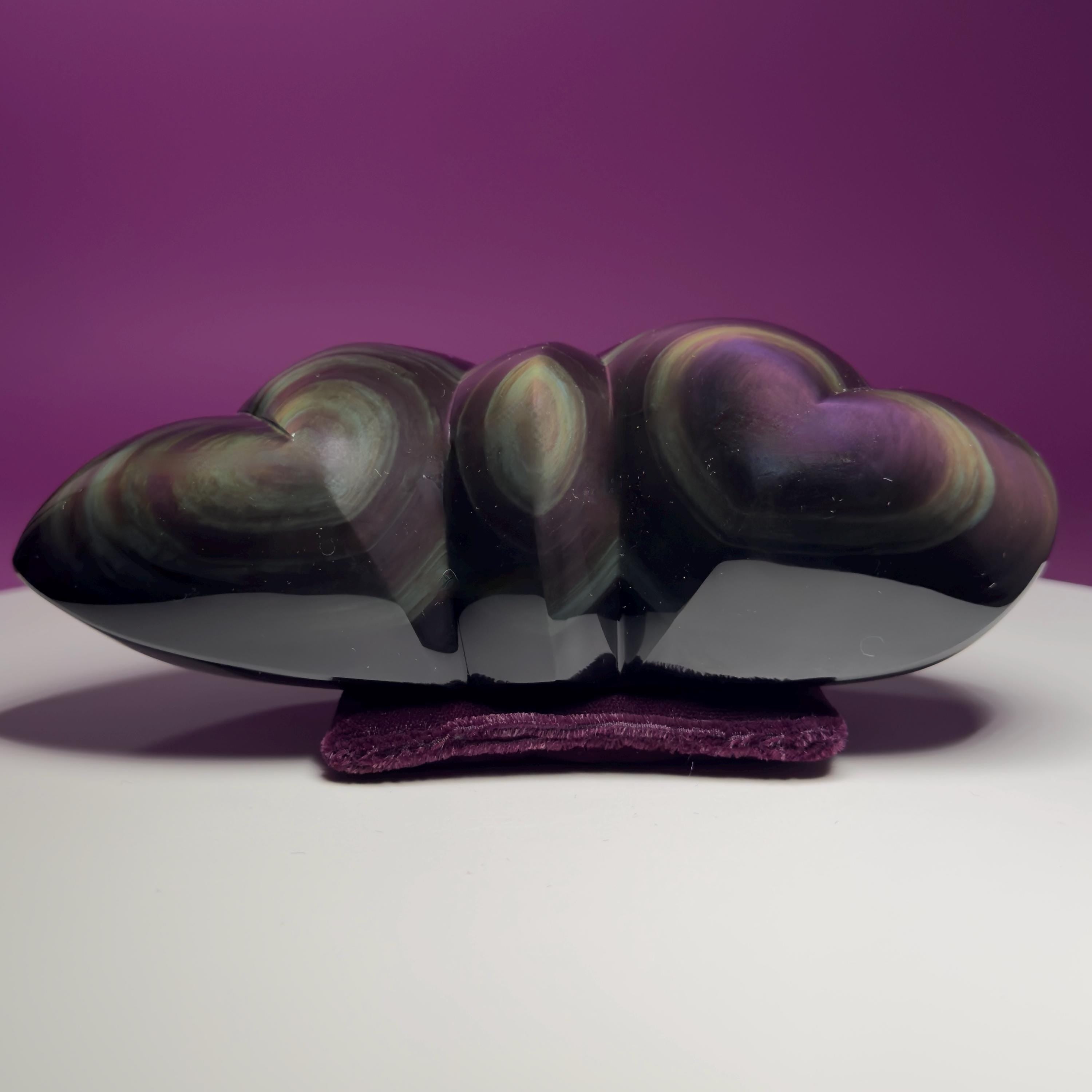 Rainbow Obsidian Double Heart Carving Mexico Collector Display, Velvet Pillow Display