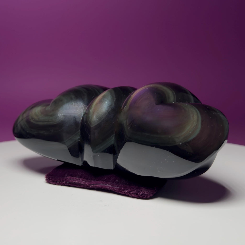 Rainbow Obsidian Double Heart Carving Mexico Collector Display, Velvet Pillow Display