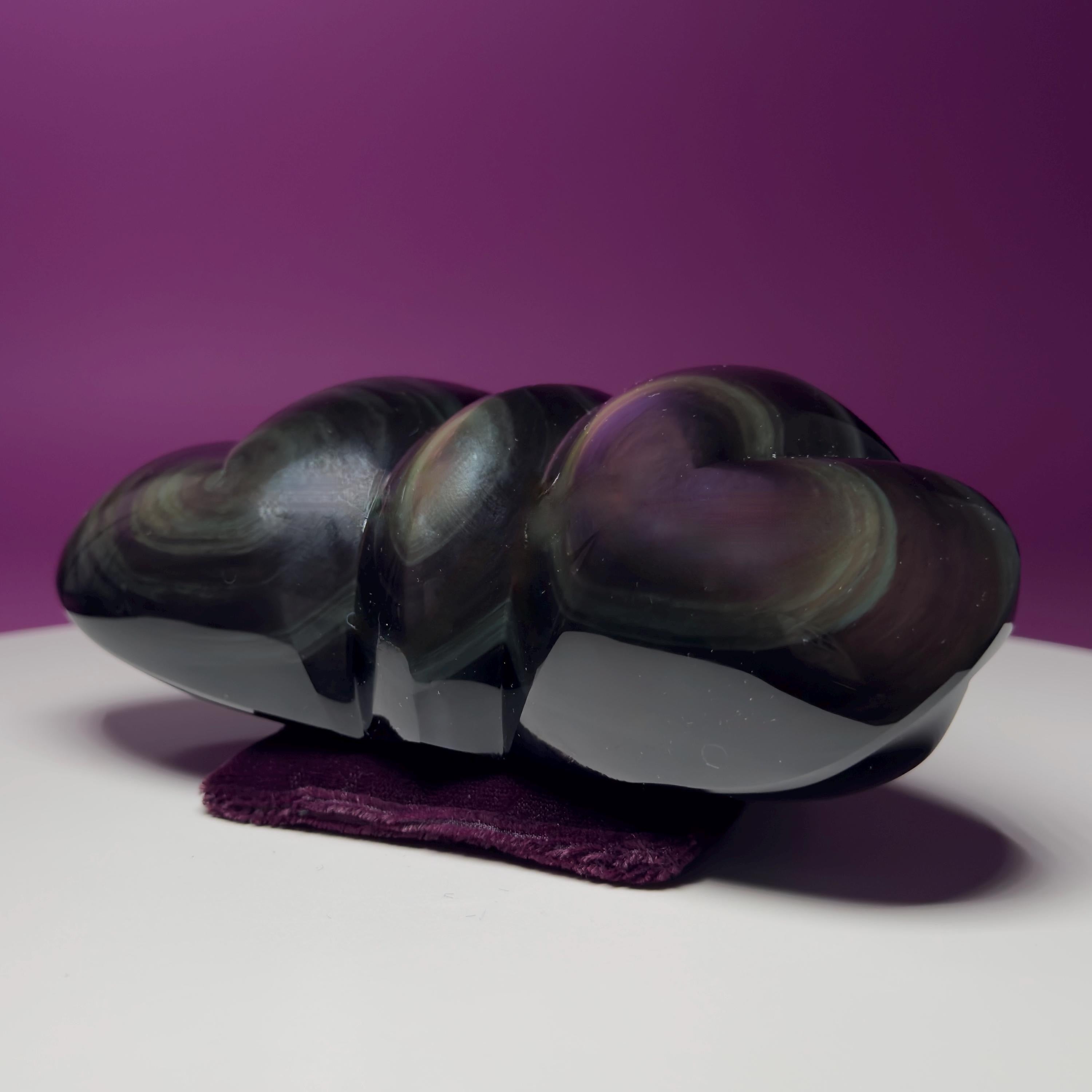 Rainbow Obsidian Double Heart Carving Mexico Collector Display, Velvet Pillow Display