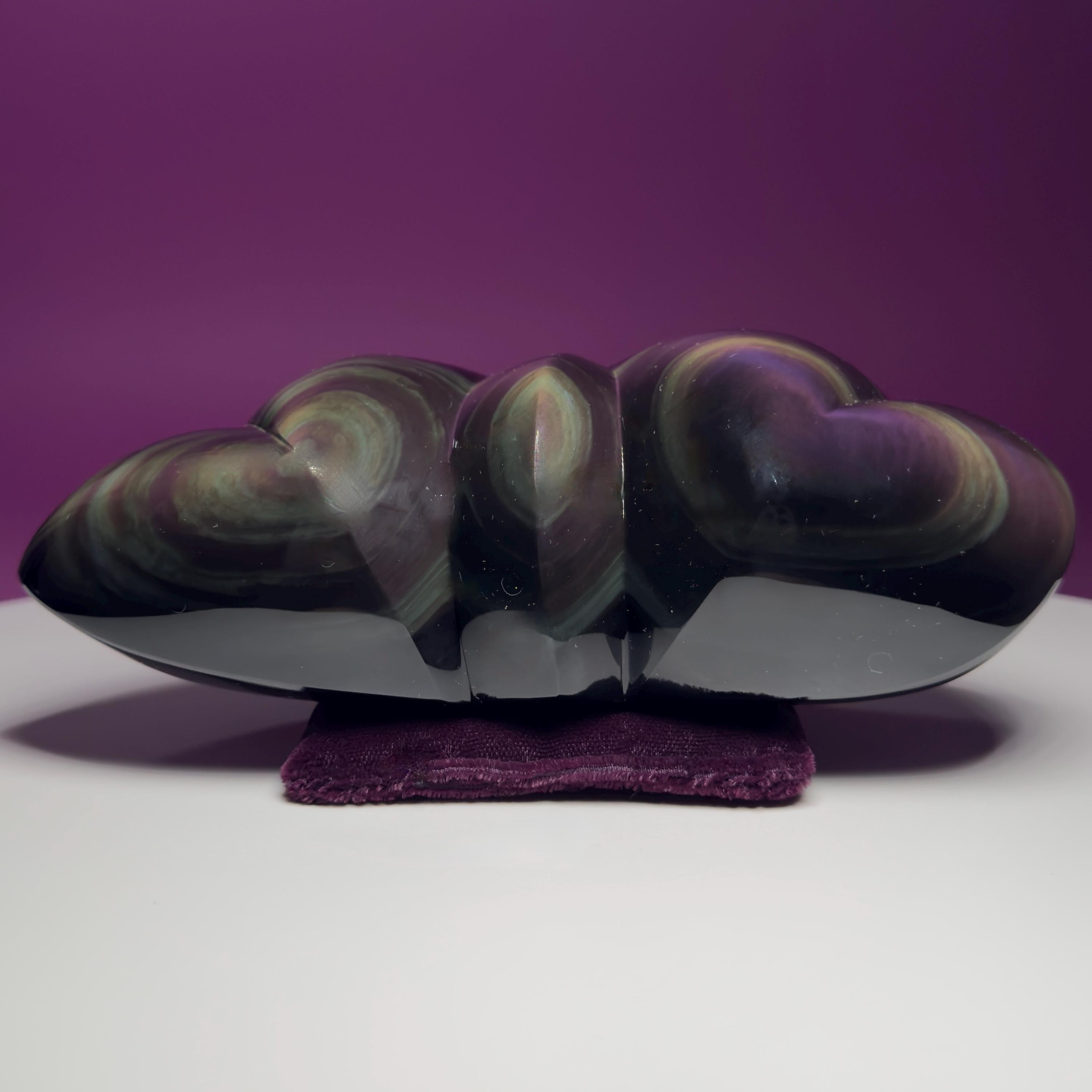 Rainbow Obsidian Double Heart Carving Mexico Collector Display, Velvet Pillow Display