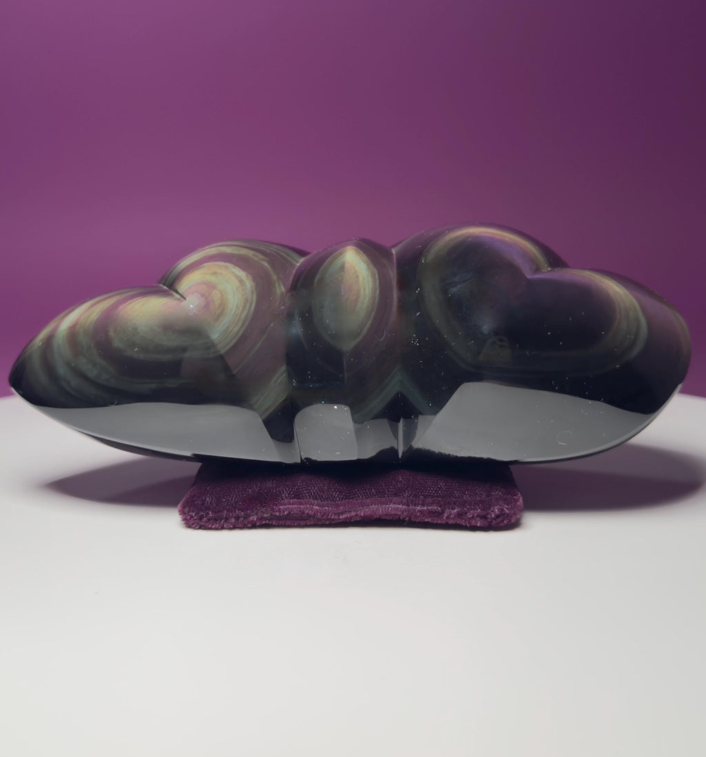 Rainbow Obsidian Double Heart Carving Mexico Collector Display, Velvet Pillow Display