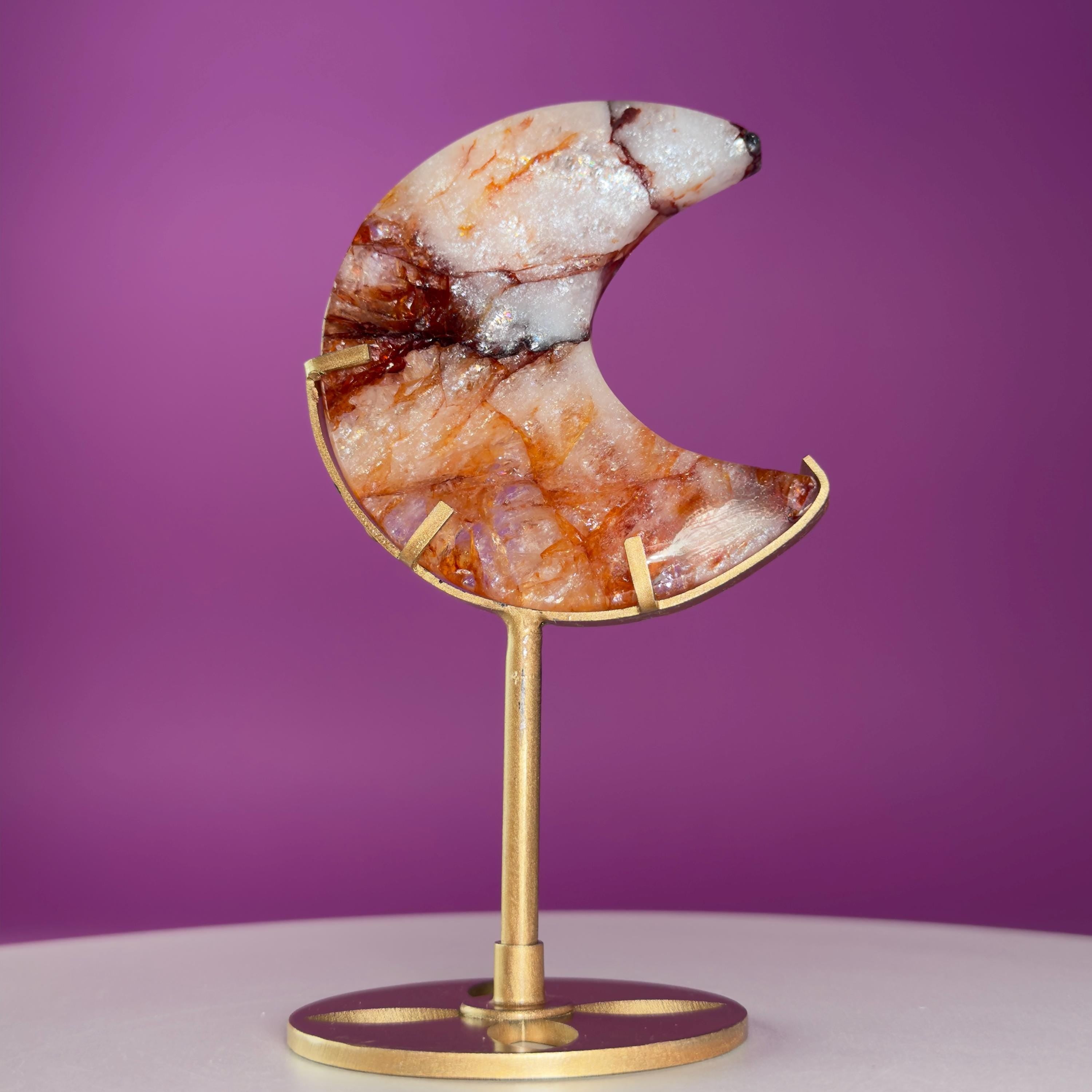 Fire Quartz Moon on Gold Metal Stand Crystal Display