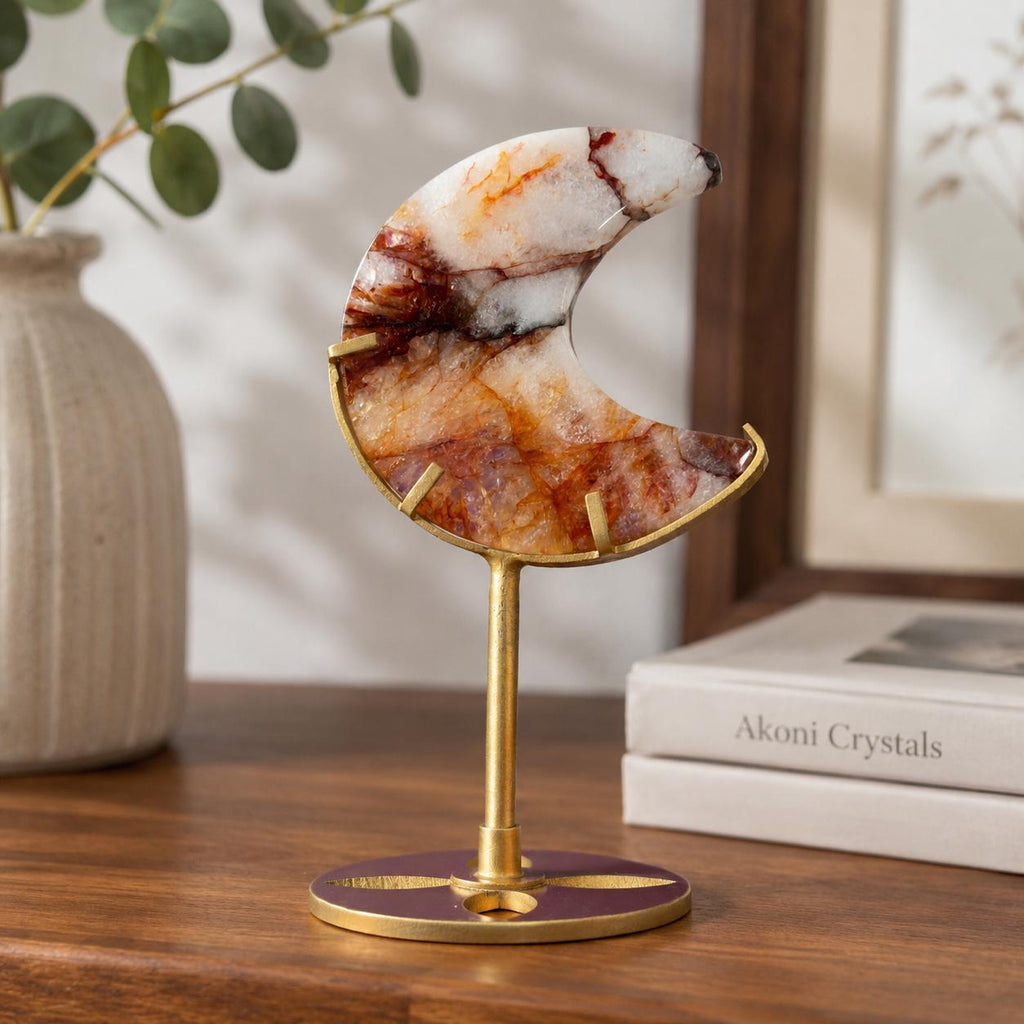 Fire Quartz Moon on Gold Metal Stand Crystal Display