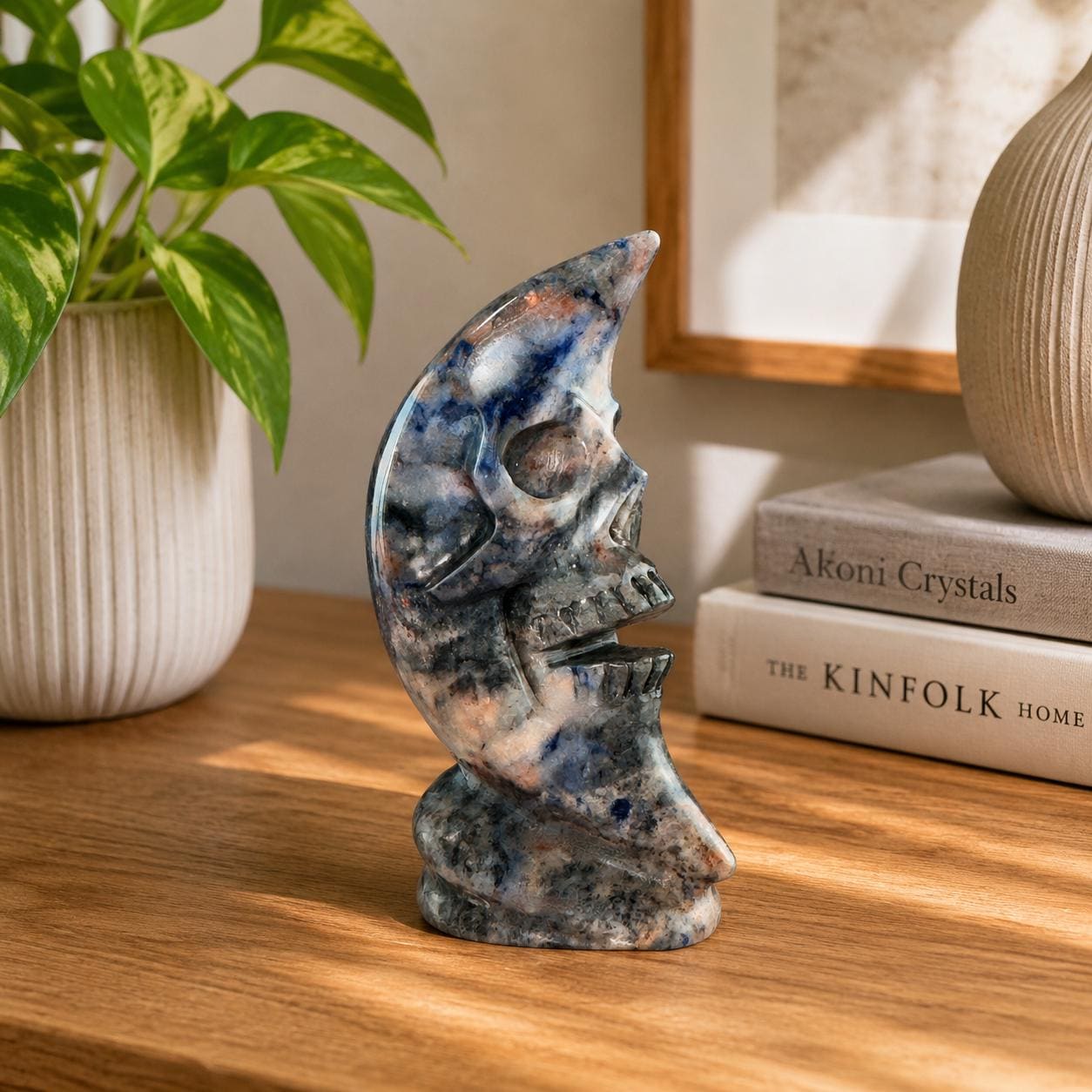 Sodalite Moon Skull Carving Celestial Crystal Sculpture, Blue Stone Decor