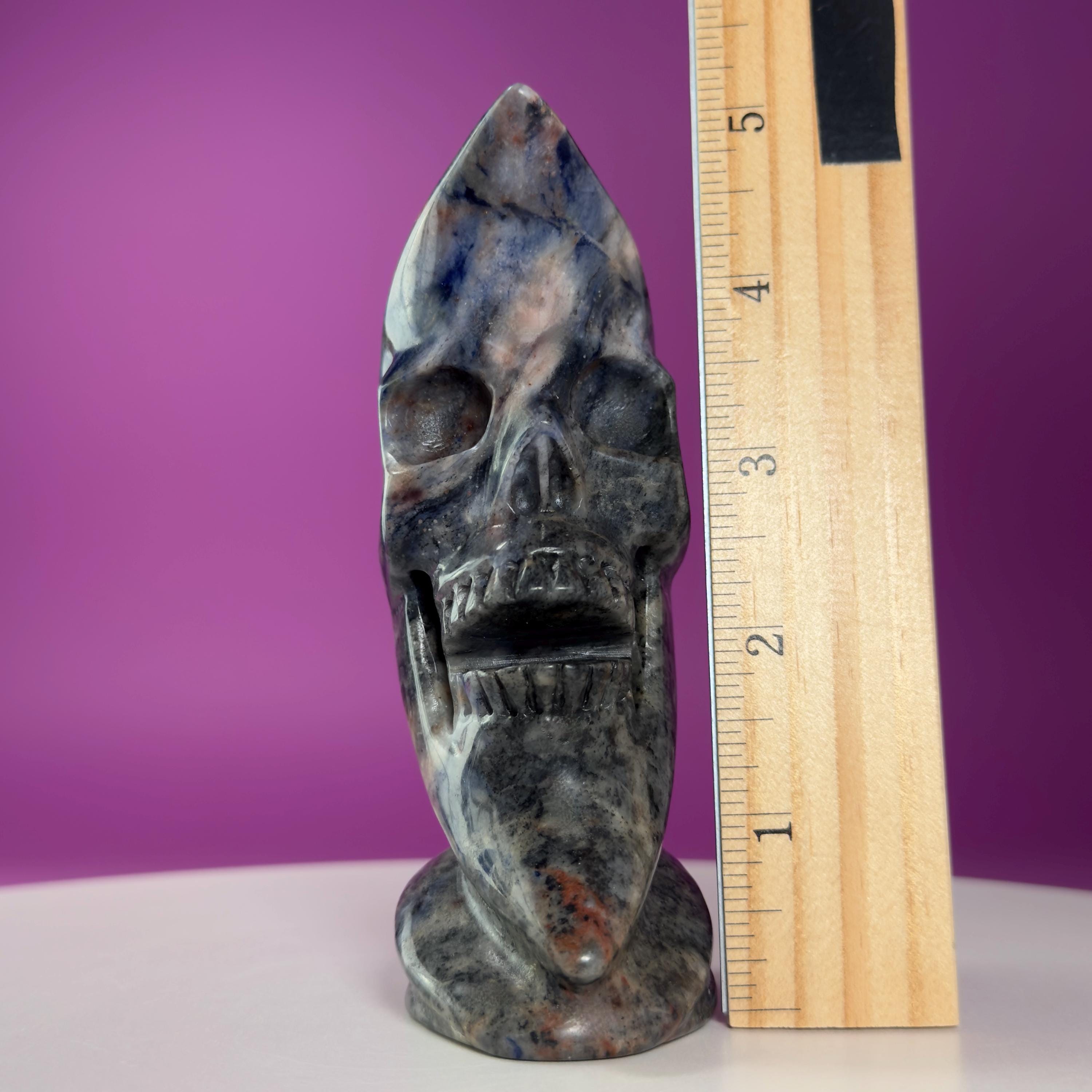 Sodalite Moon Skull Carving Celestial Crystal Sculpture, Blue Stone Decor