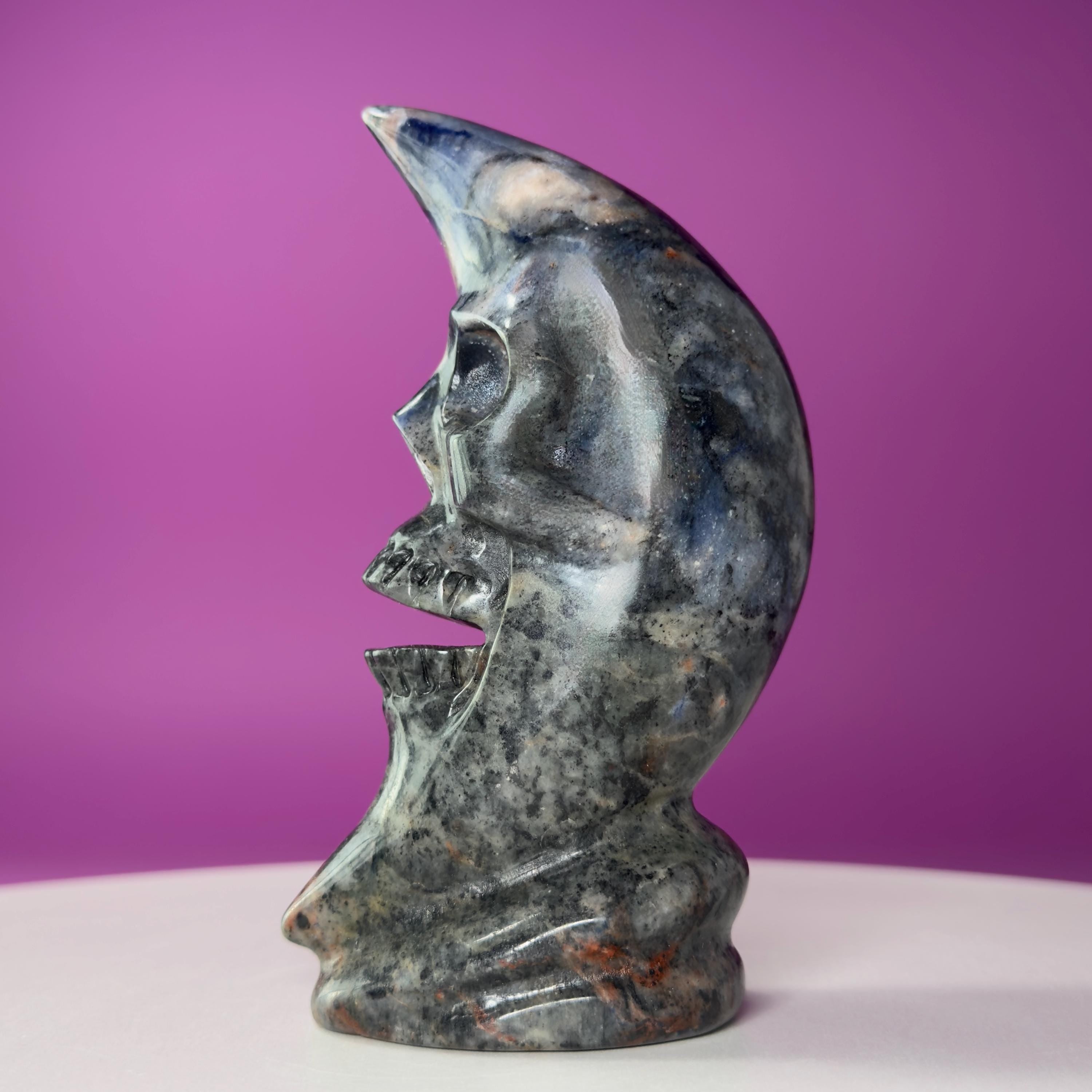 Sodalite Moon Skull Carving Celestial Crystal Sculpture, Blue Stone Decor