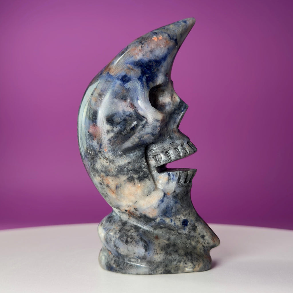 Sodalite Moon Skull Carving Celestial Crystal Sculpture, Blue Stone Decor