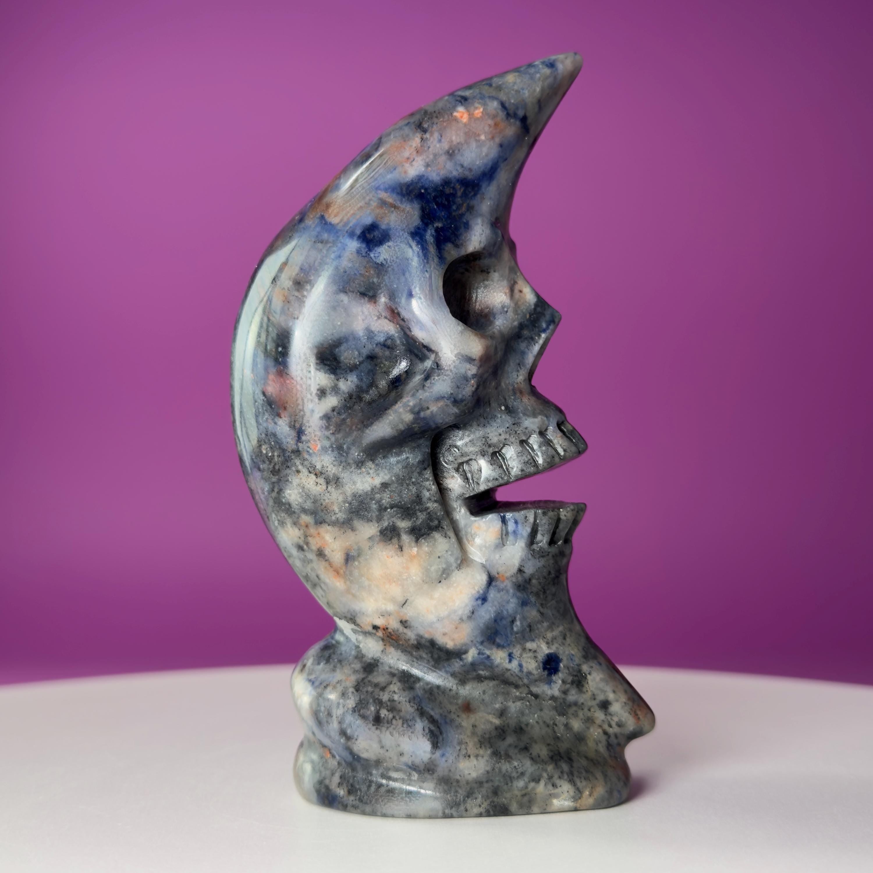 Sodalite Moon Skull Carving Celestial Crystal Sculpture, Blue Stone Decor