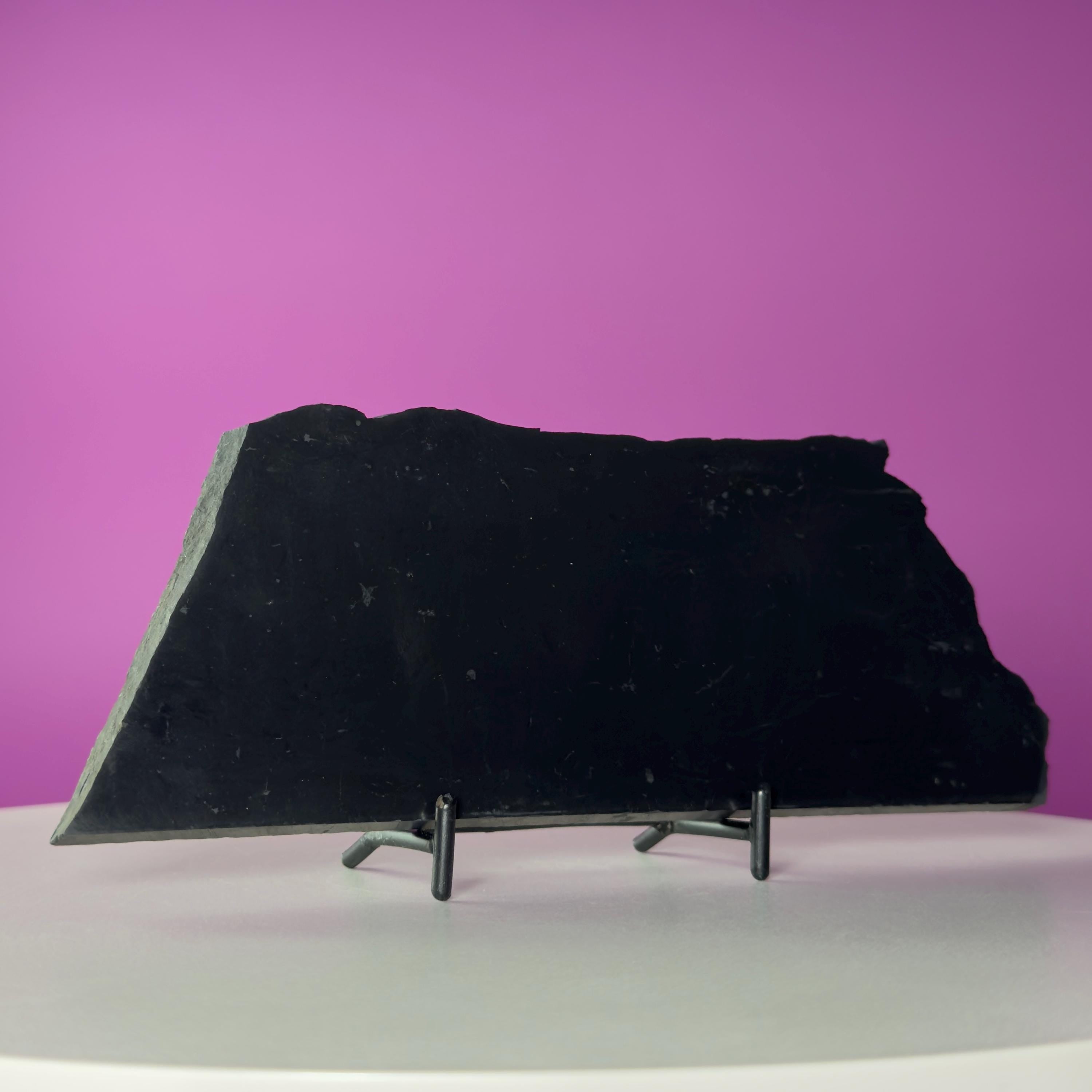 Shungite Slab with Black Metal Stand, Grounding Crystal Display Piece