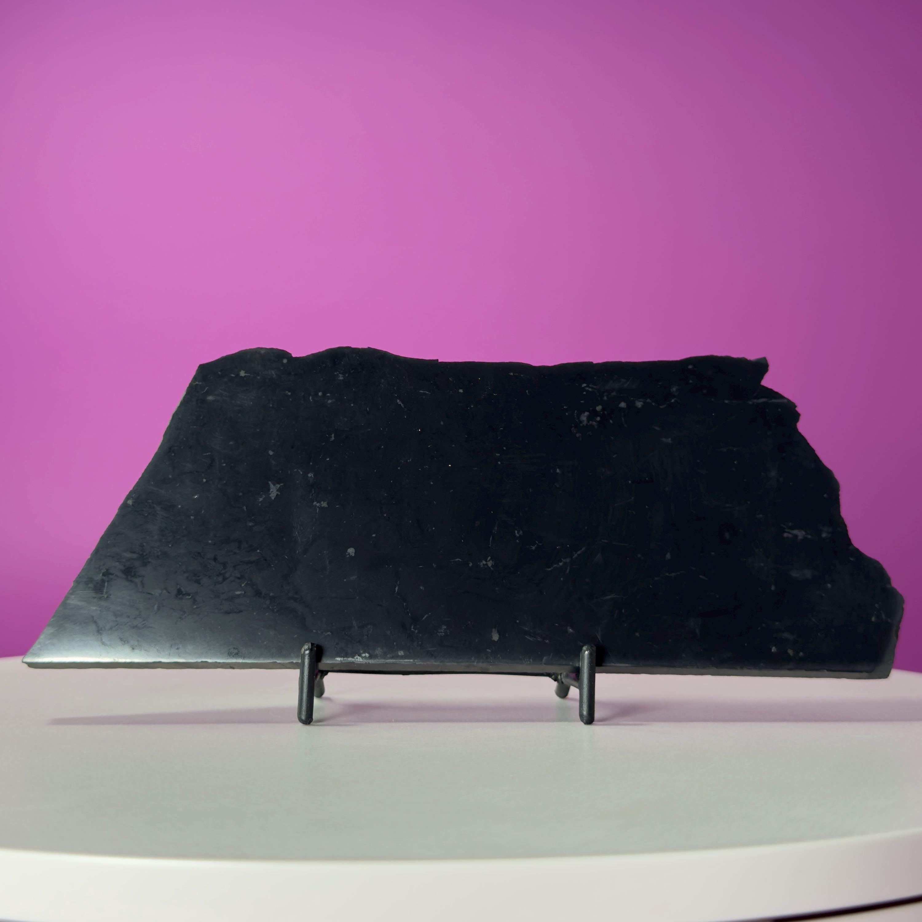 Shungite Slab with Black Metal Stand, Grounding Crystal Display Piece