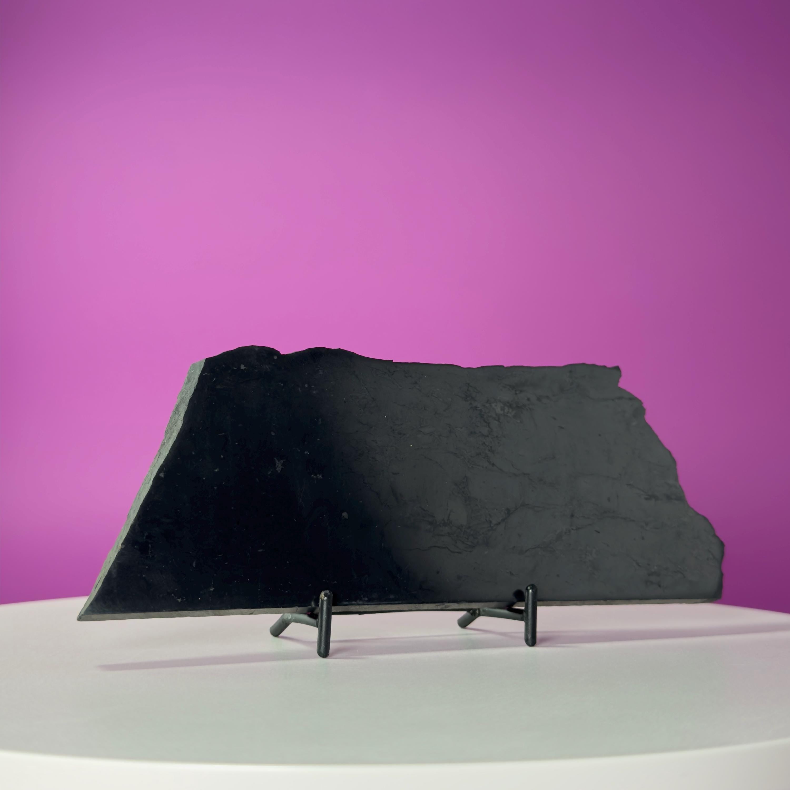 Shungite Slab with Black Metal Stand, Grounding Crystal Display Piece