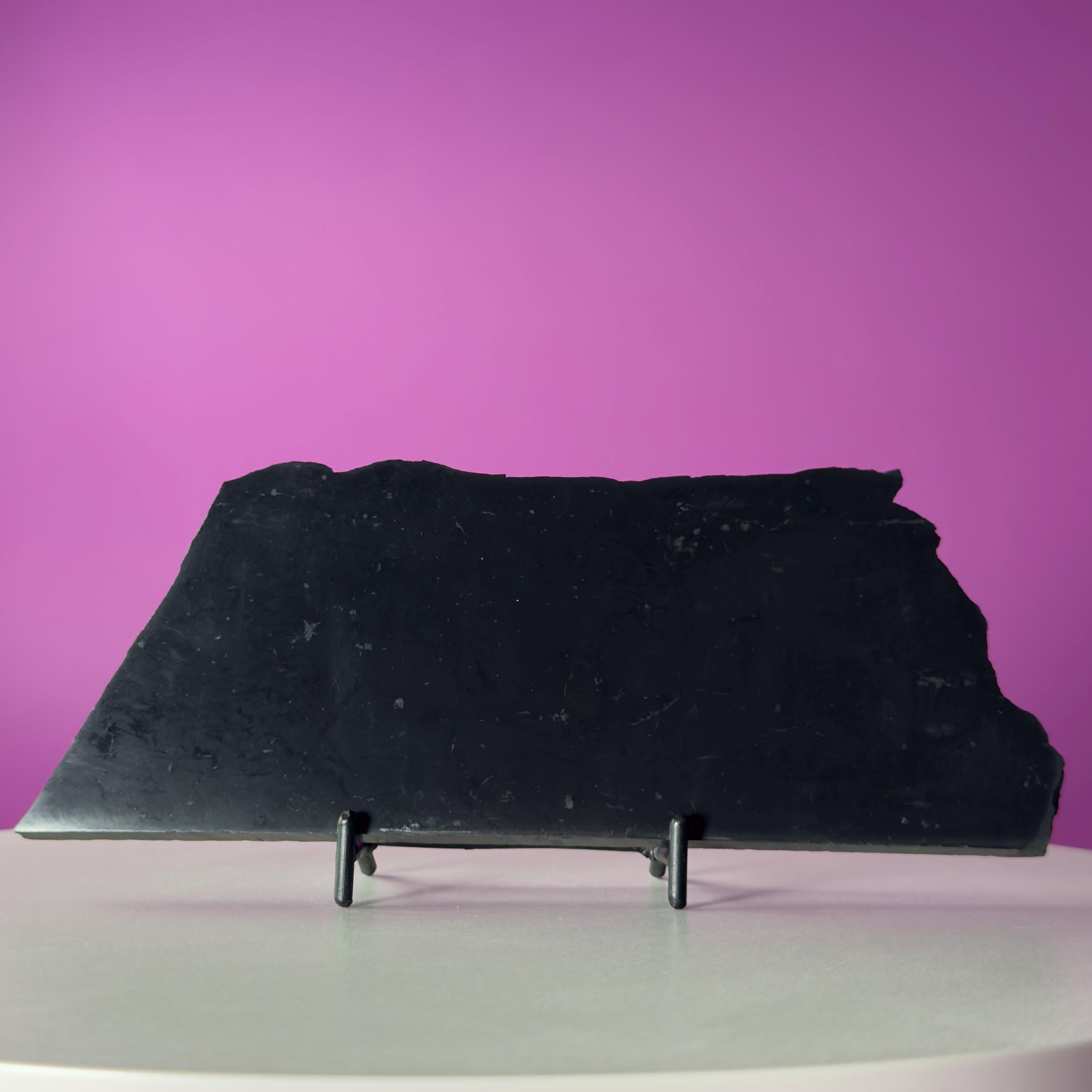 Shungite Slab with Black Metal Stand, Grounding Crystal Display Piece