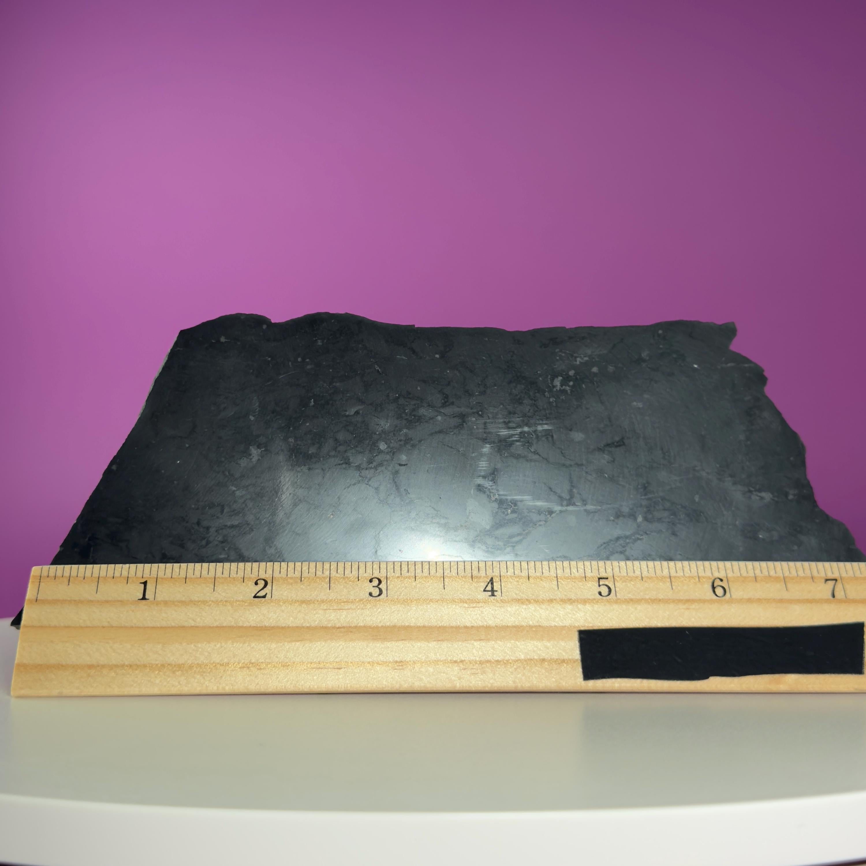 Shungite Slab with Black Metal Stand, Grounding Crystal Display Piece