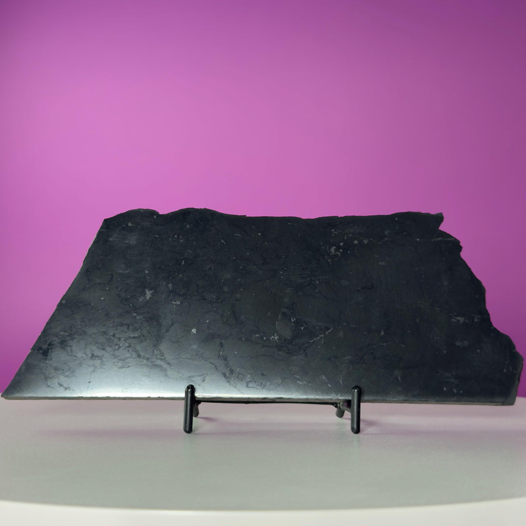 Shungite Slab with Black Metal Stand, Grounding Crystal Display Piece