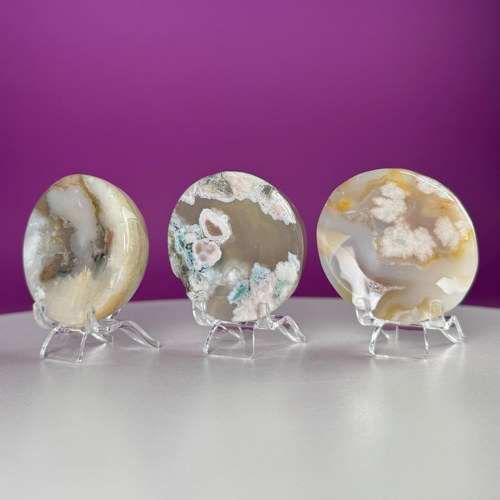 Flower Agate Sphere Stand | Natural Crystal Display Base | Fits 6585mm Spheres