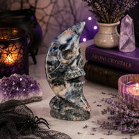 Sodalite Moon Skull Carving Celestial Crystal Sculpture, Blue Stone Decor