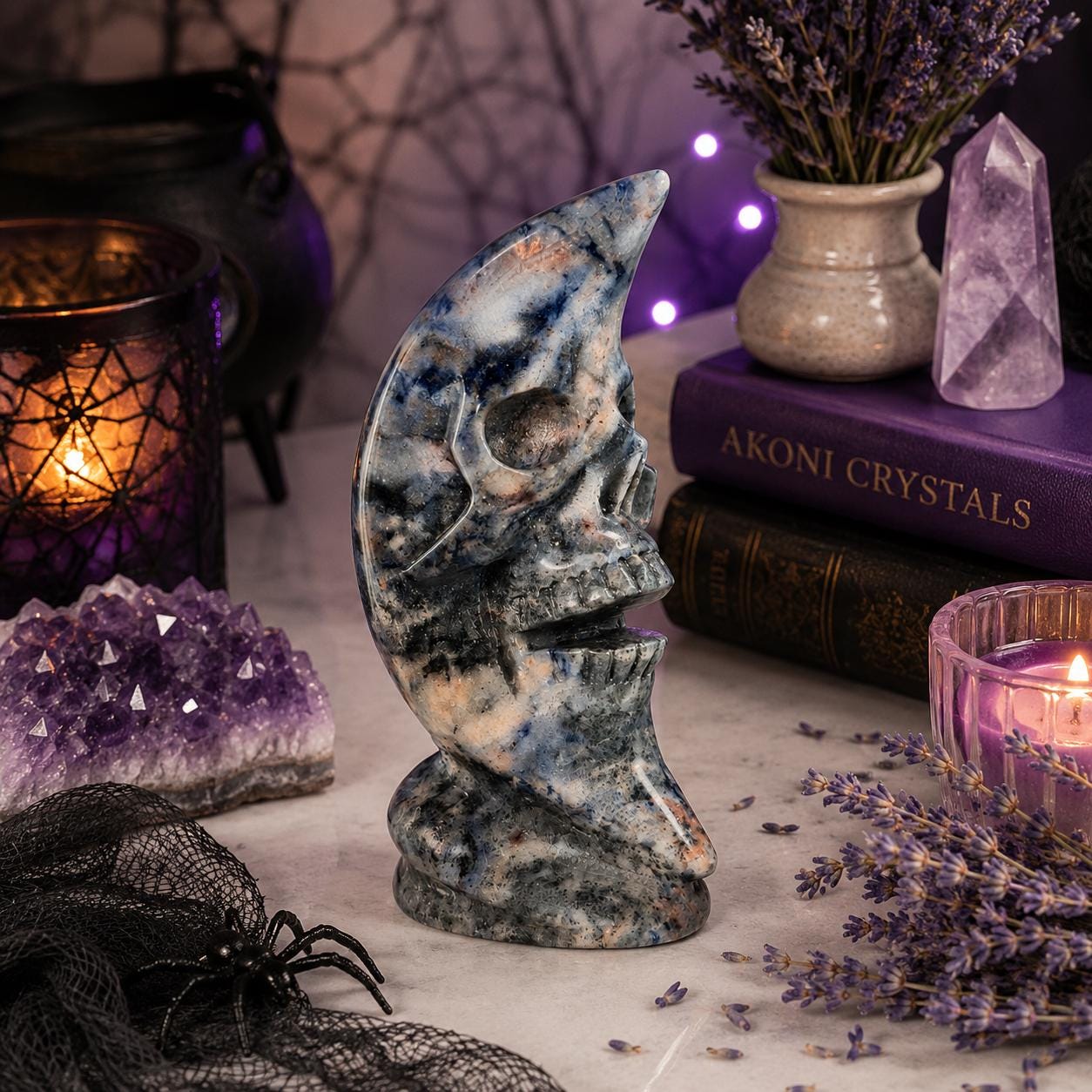 Sodalite Moon Skull Carving Celestial Crystal Sculpture, Blue Stone Decor