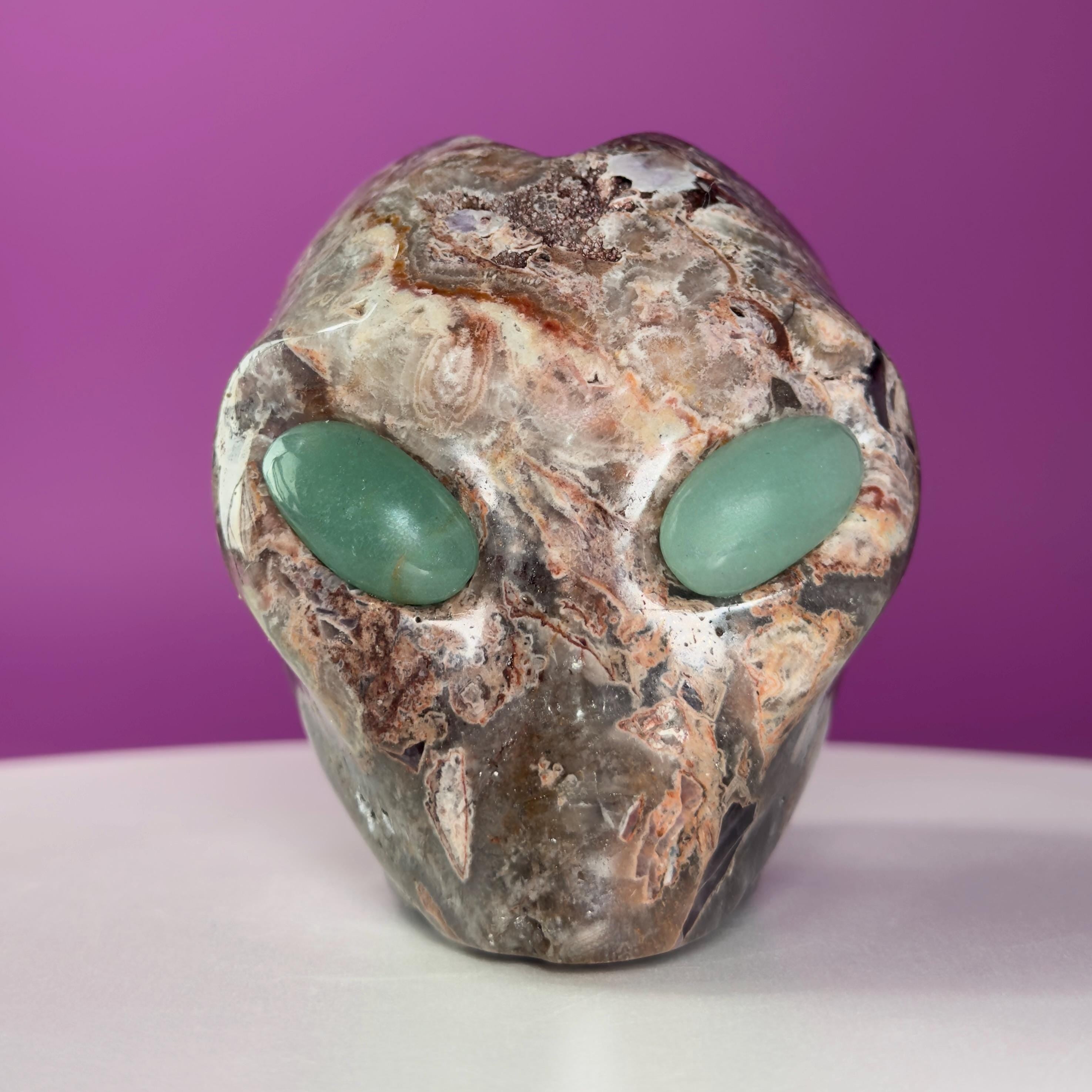 Amethyst Agate Alien Skull with Green Aventurine Eyes Crystal Carving
