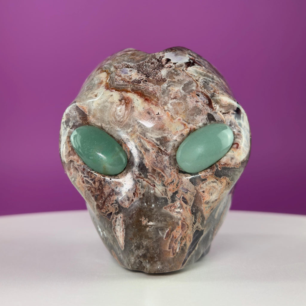 Amethyst Agate Alien Skull with Green Aventurine Eyes Crystal Carving