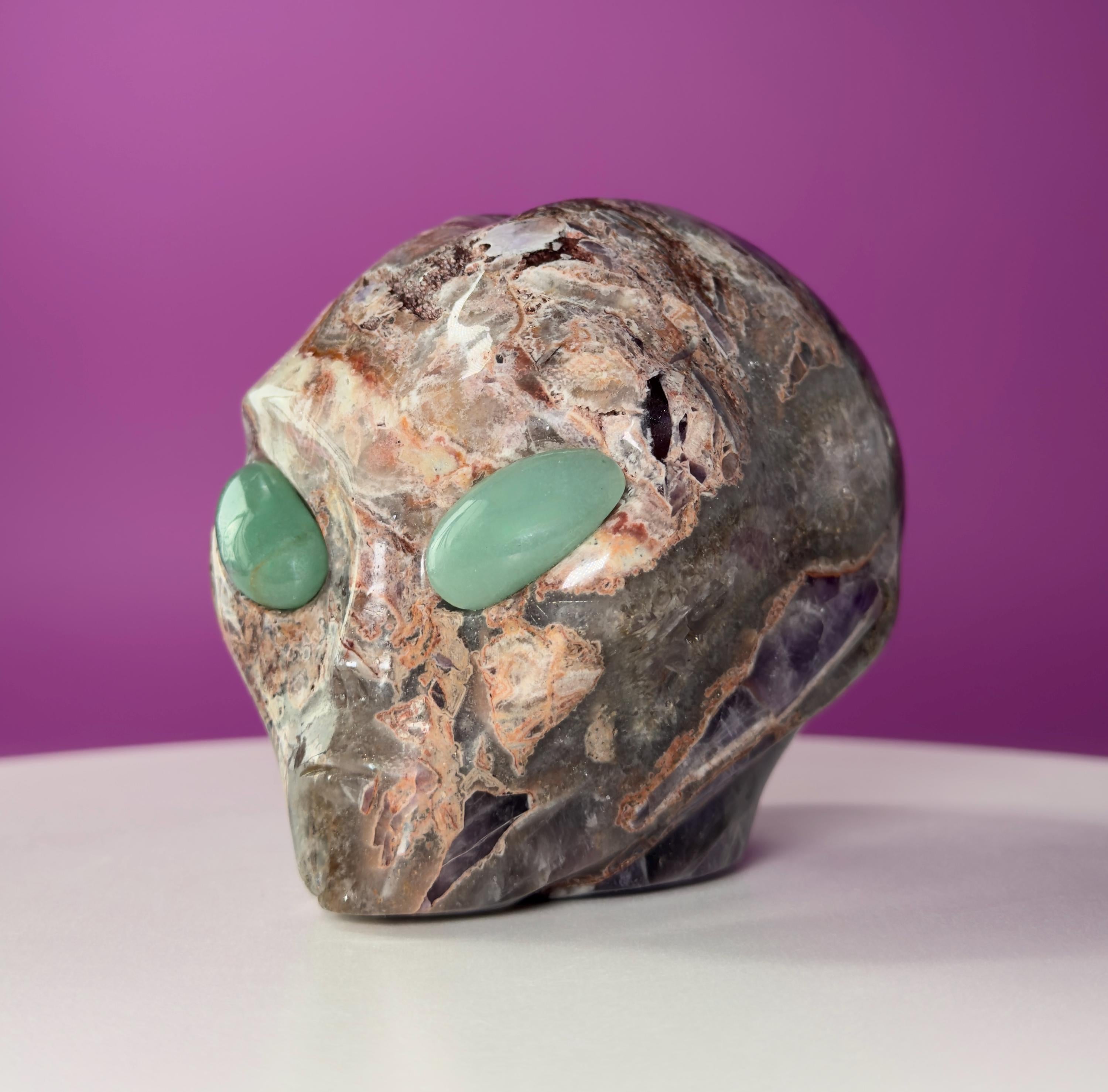 Amethyst Agate Alien Skull with Green Aventurine Eyes Crystal Carving