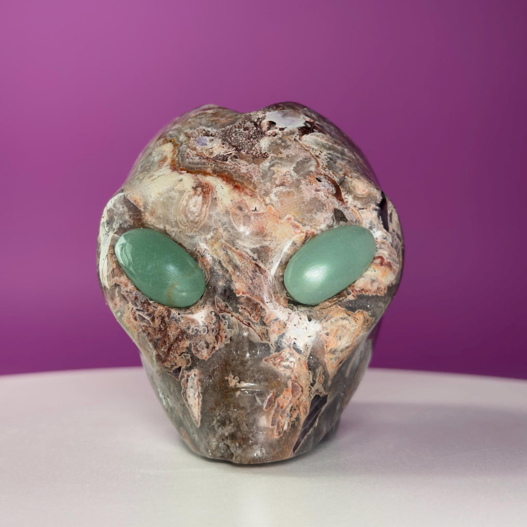 Amethyst Agate Alien Skull with Green Aventurine Eyes Crystal Carving