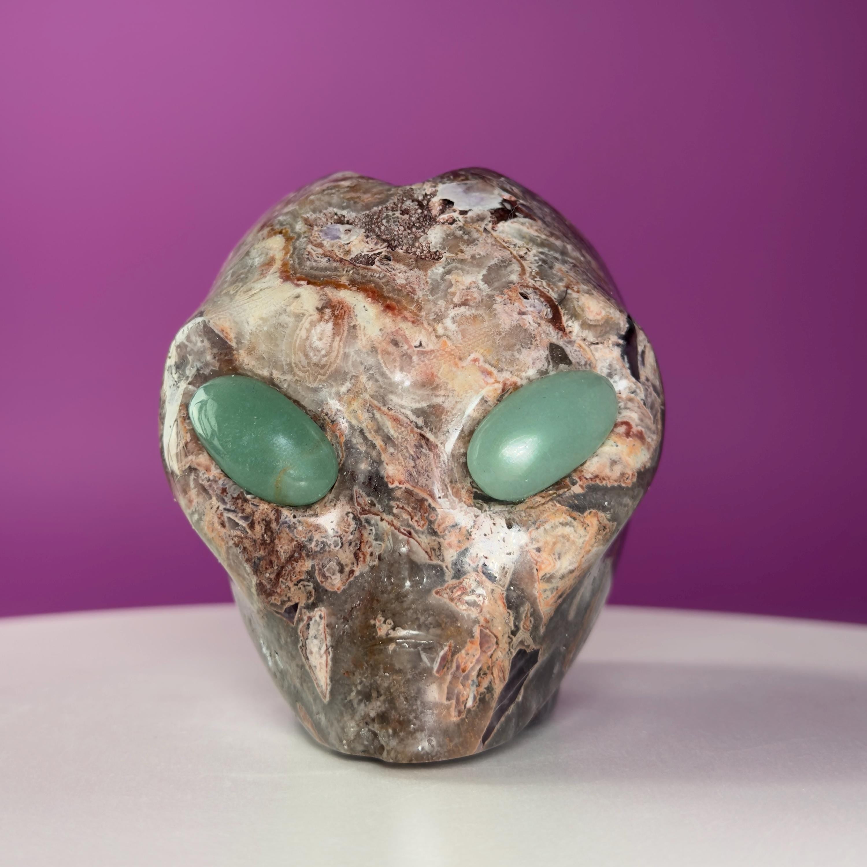 Amethyst Agate Alien Skull with Green Aventurine Eyes Crystal Carving
