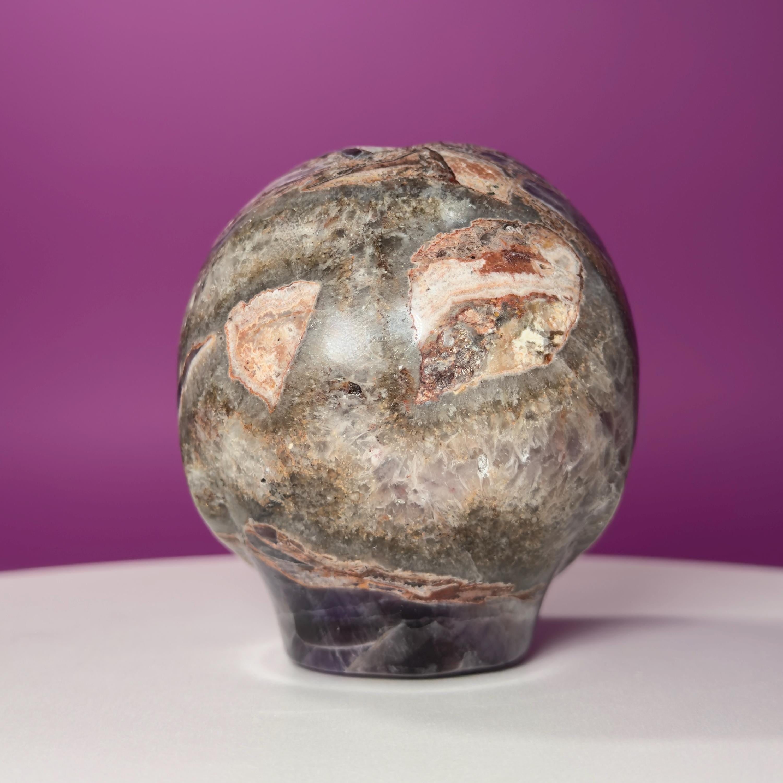 Amethyst Agate Alien Skull with Green Aventurine Eyes Crystal Carving