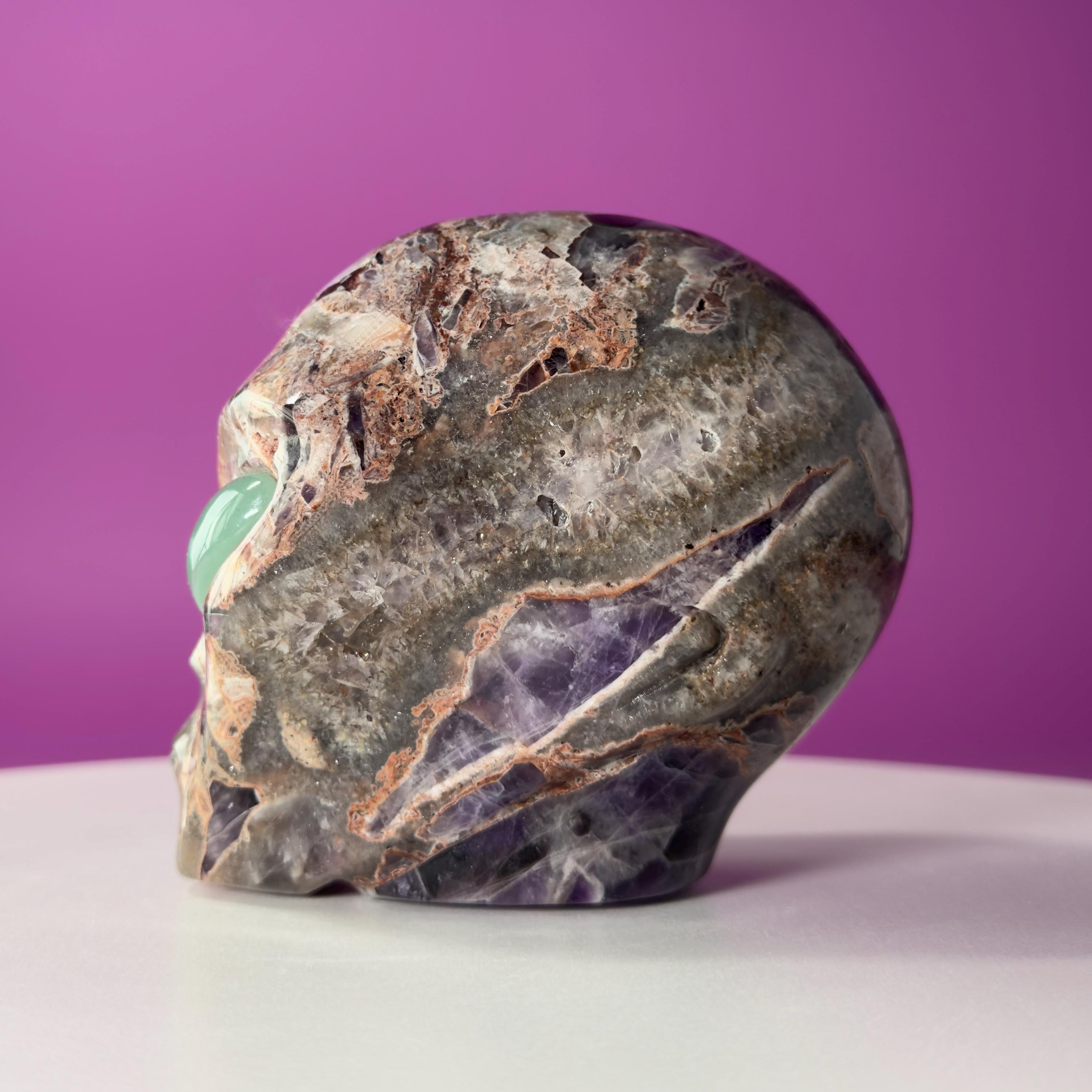 Amethyst Agate Alien Skull with Green Aventurine Eyes Crystal Carving