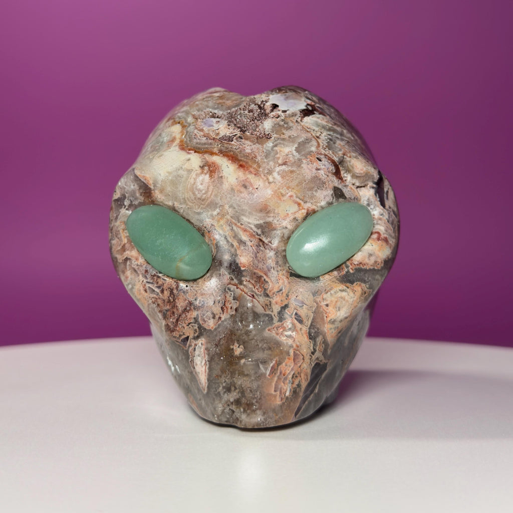 Amethyst Agate Alien Skull with Green Aventurine Eyes Crystal Carving