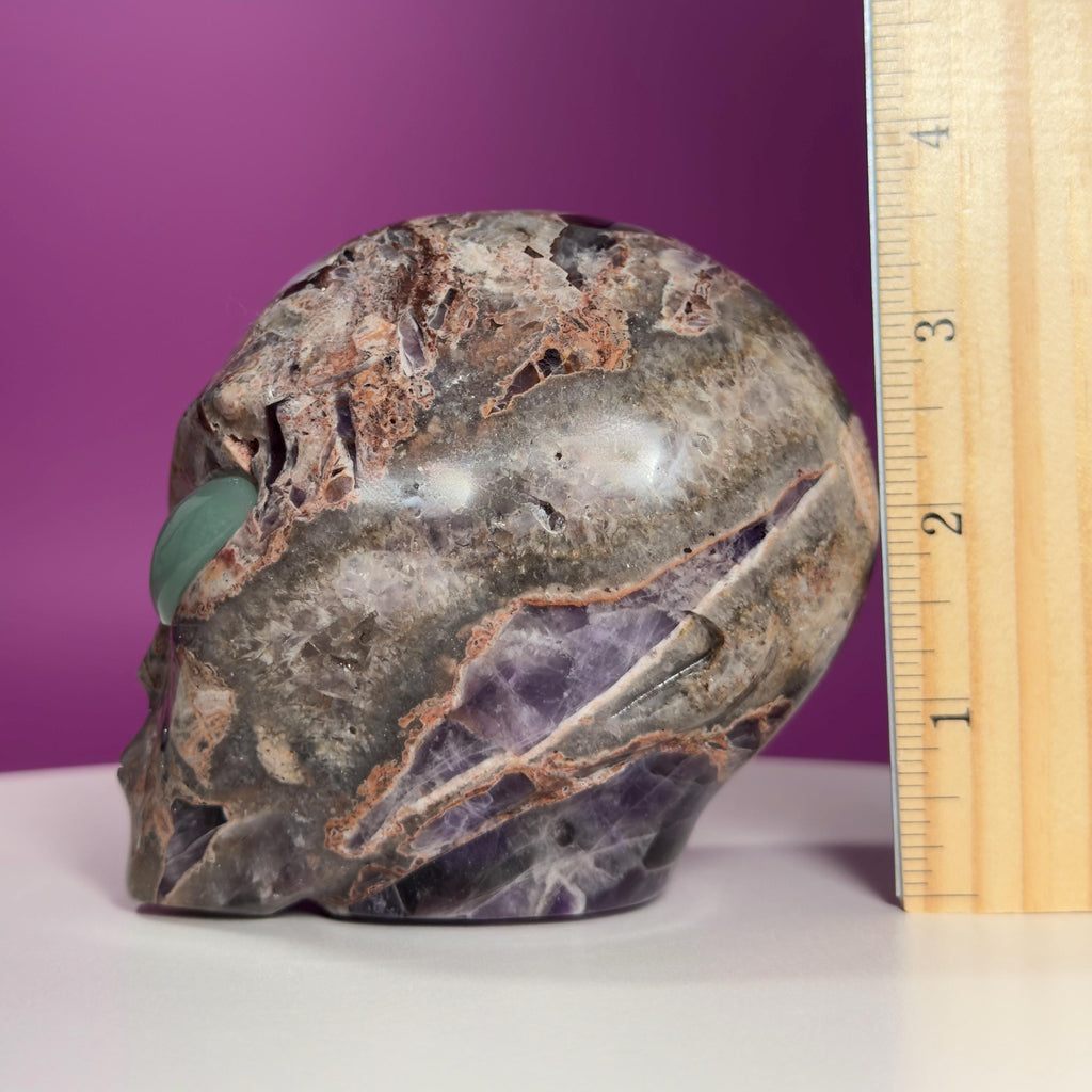 Amethyst Agate Alien Skull with Green Aventurine Eyes Crystal Carving