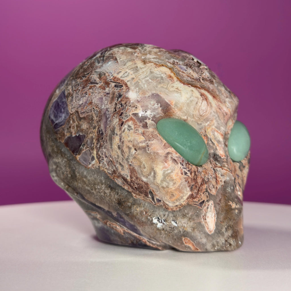 Amethyst Agate Alien Skull with Green Aventurine Eyes Crystal Carving