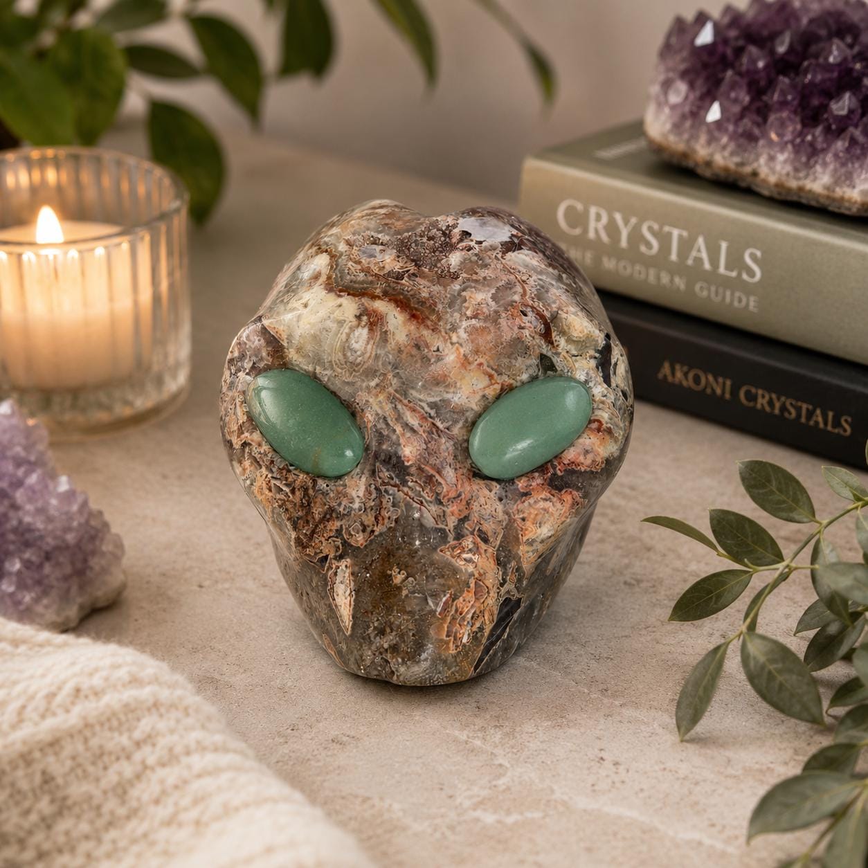 Amethyst Agate Alien Skull with Green Aventurine Eyes Crystal Carving