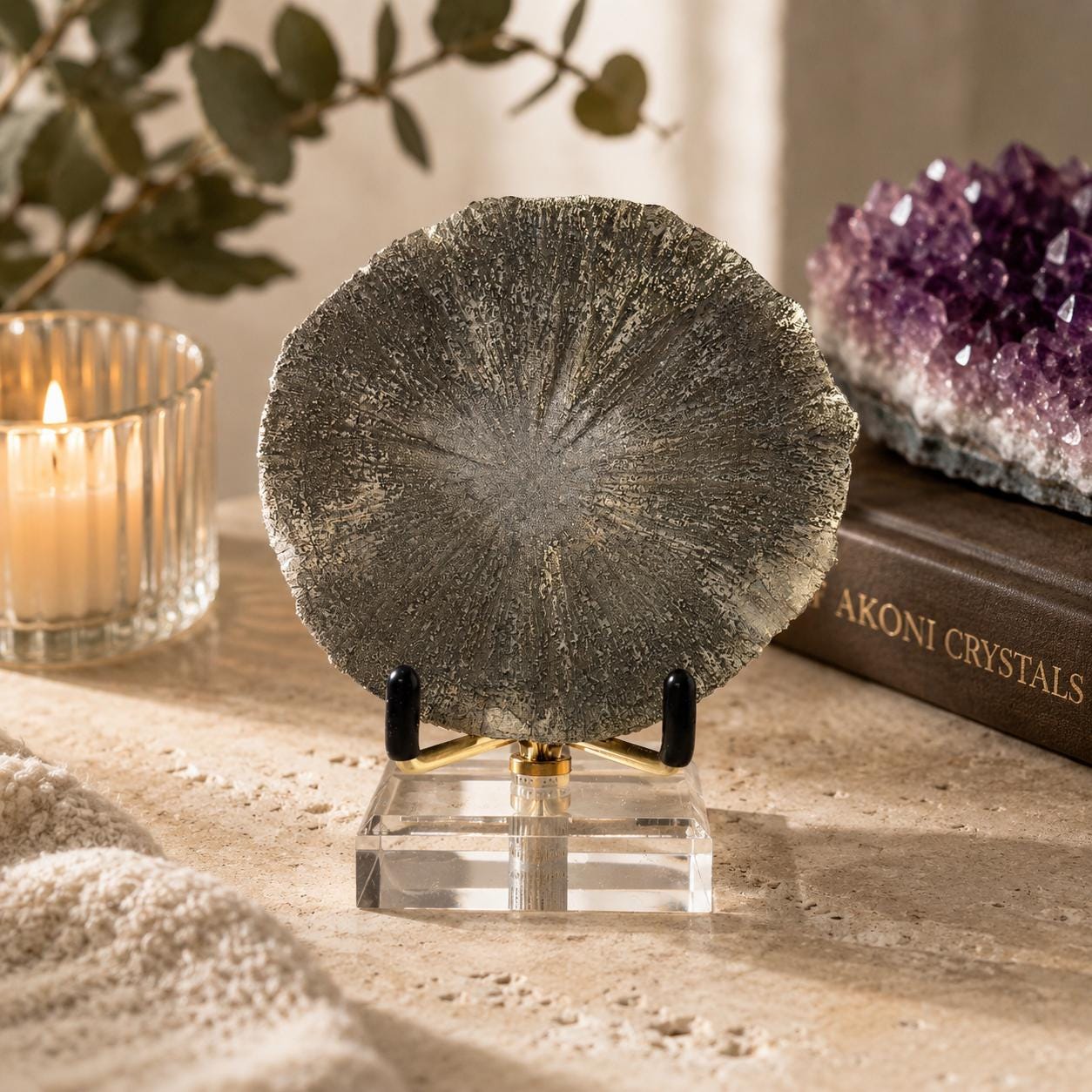 Pyrite Sun Crystal Specimen with Gold Metal Acrylic Display Stand
