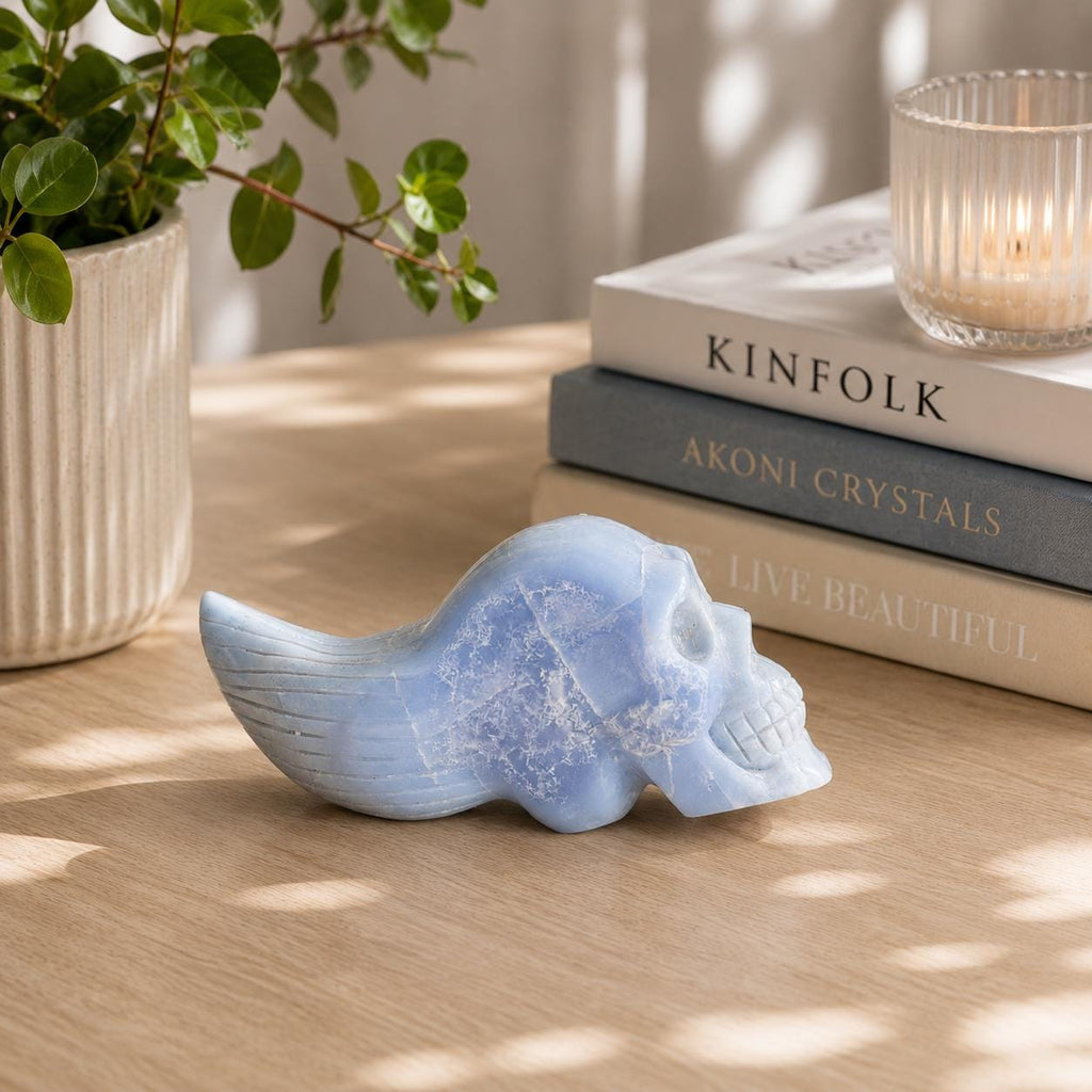 Blue Lace Agate Traveler Skull Carving | Crystal Skull | Collector Display