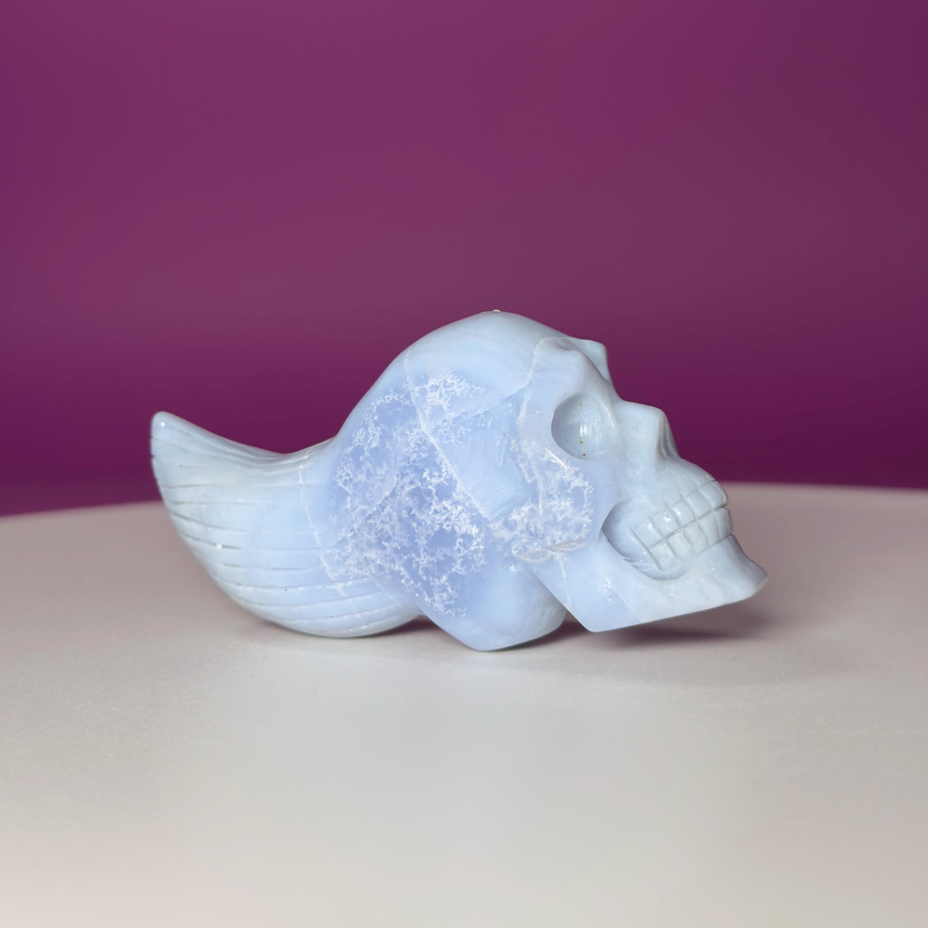 Blue Lace Agate Traveler Skull Carving | Crystal Skull | Collector Display