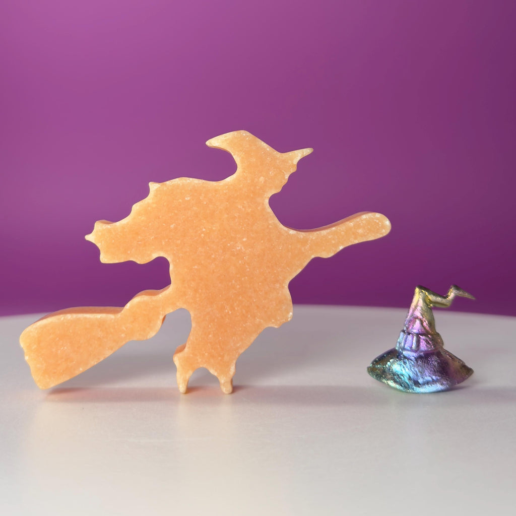 Orange Jade Witch on Broom with Aura Bismuth Witch Hat Crystal Set