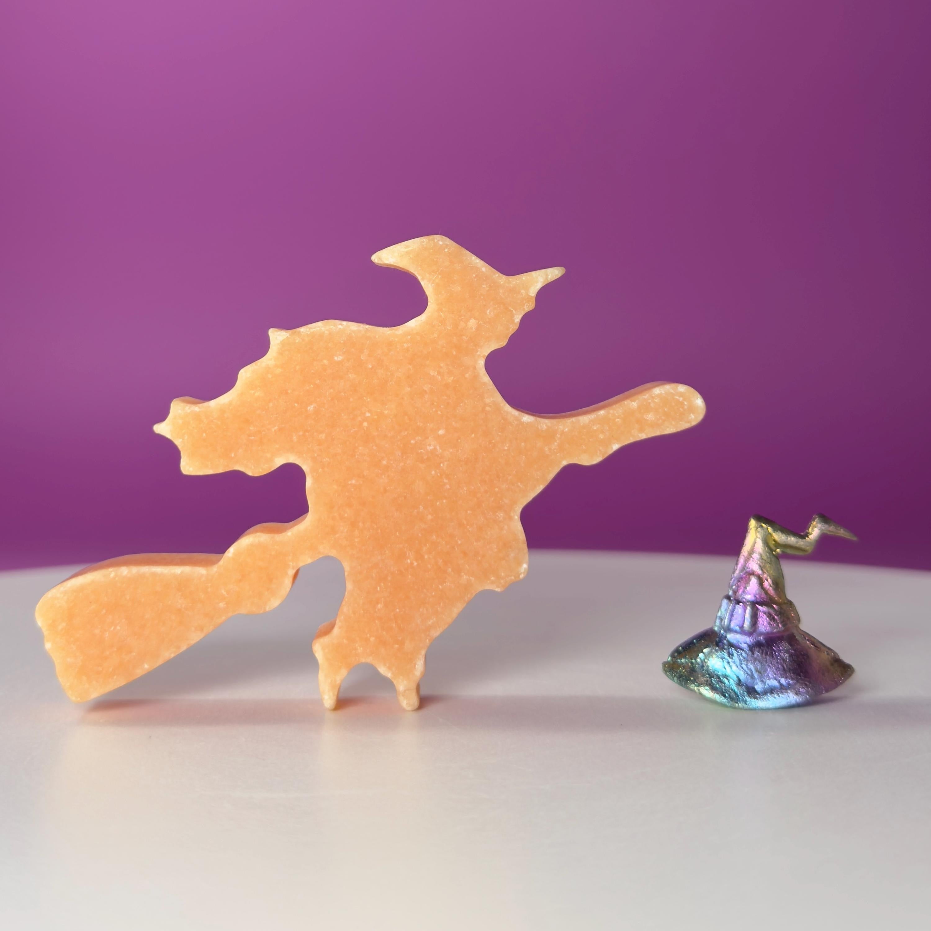 Orange Jade Witch on Broom with Aura Bismuth Witch Hat Crystal Set
