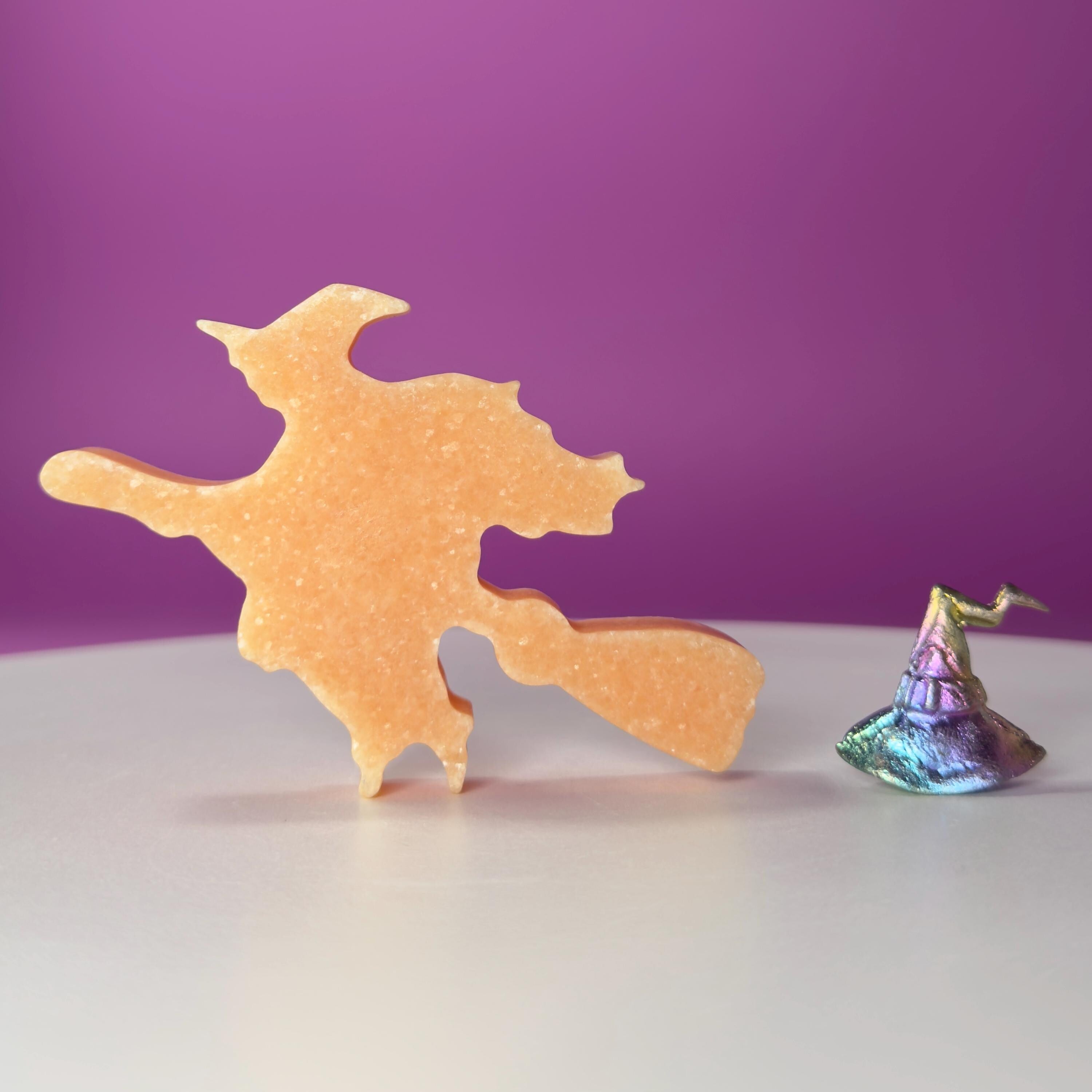 Orange Jade Witch on Broom with Aura Bismuth Witch Hat Crystal Set