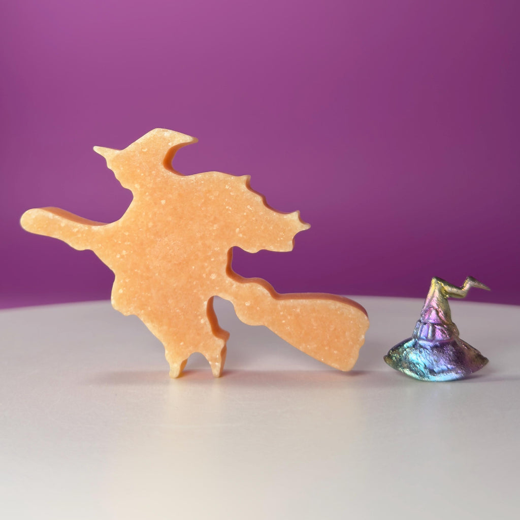 Orange Jade Witch on Broom with Aura Bismuth Witch Hat Crystal Set