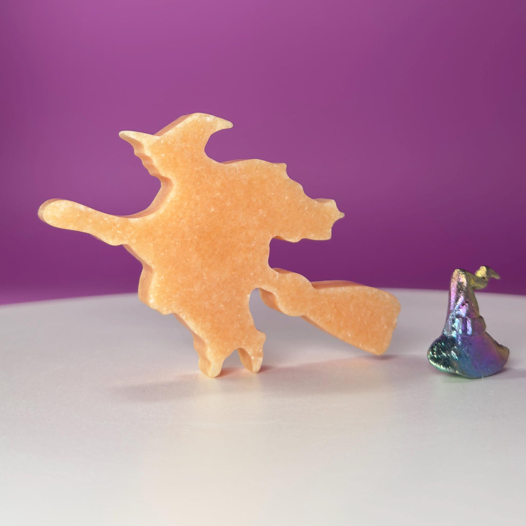 Orange Jade Witch on Broom with Aura Bismuth Witch Hat Crystal Set
