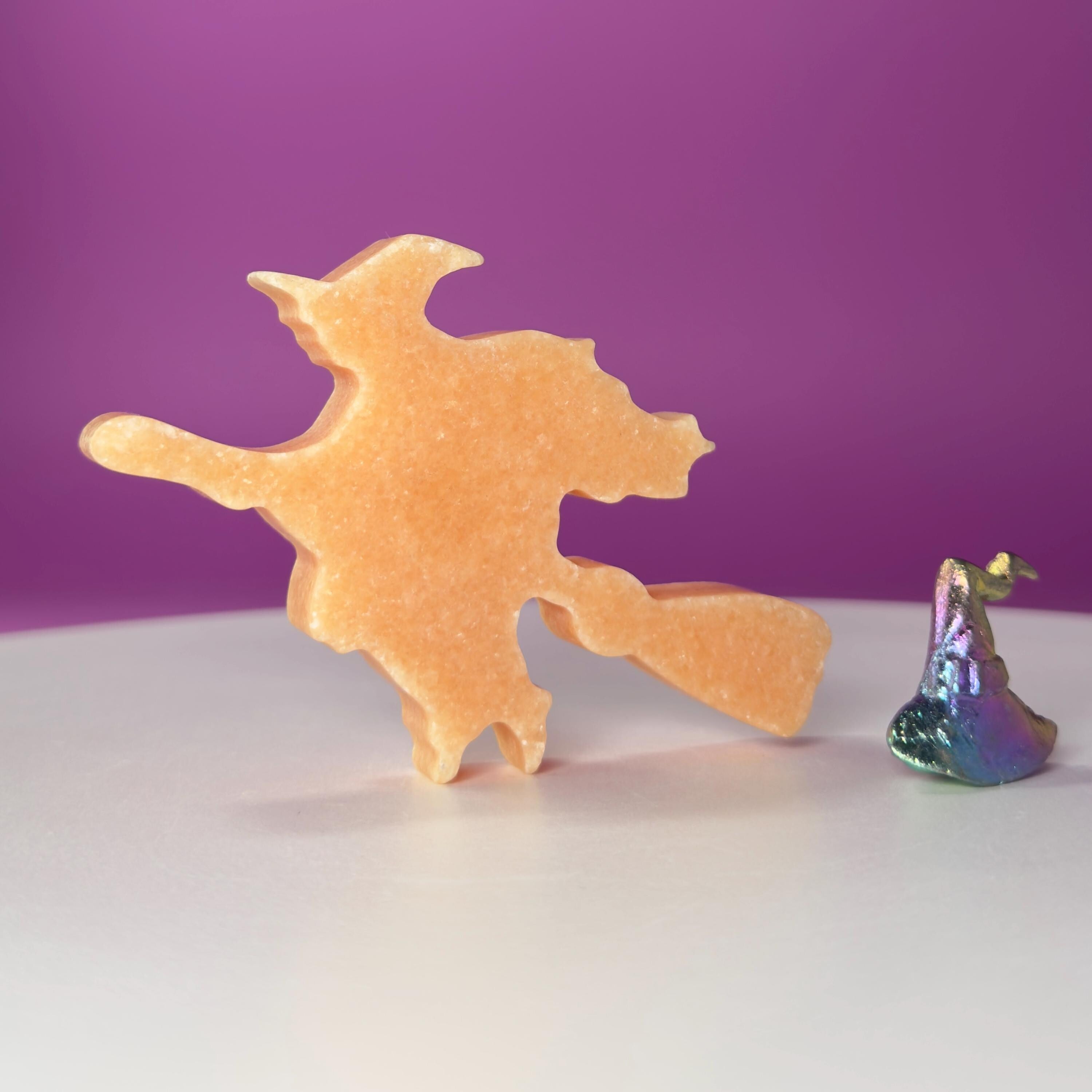 Orange Jade Witch on Broom with Aura Bismuth Witch Hat Crystal Set