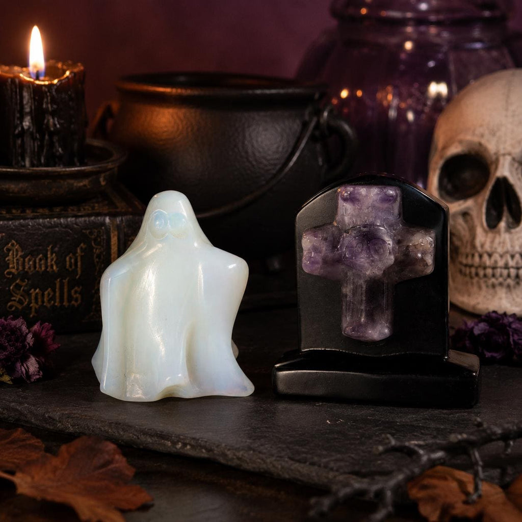 Opalite Ghost & Obsidian Headstone with Amethyst Skull Cross Set