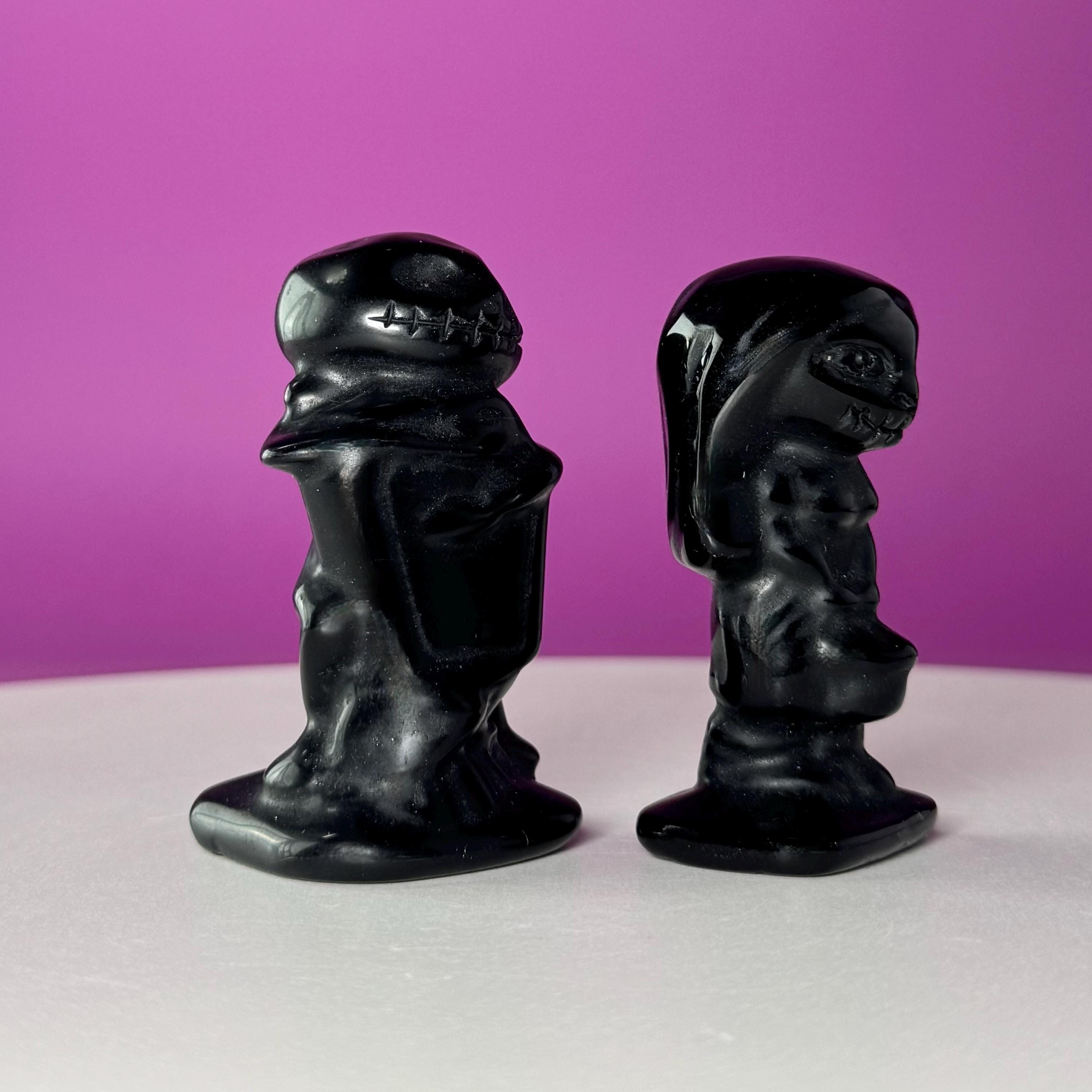 Black Obsidian Jack and Sally Carving Bundle, Halloween Crystal Pair