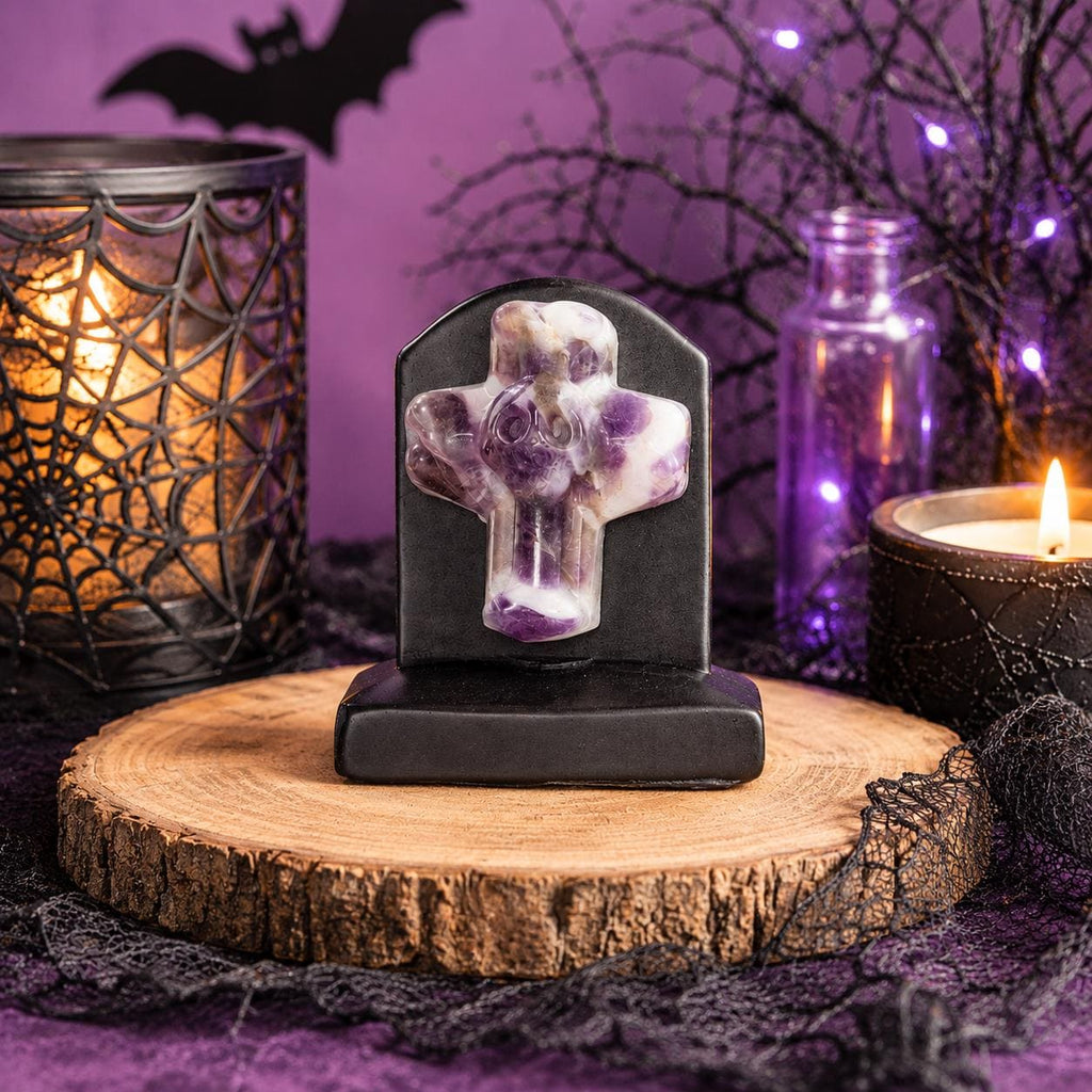 Black Obsidian Headstone with Amethyst Cross Skull Halloween Display