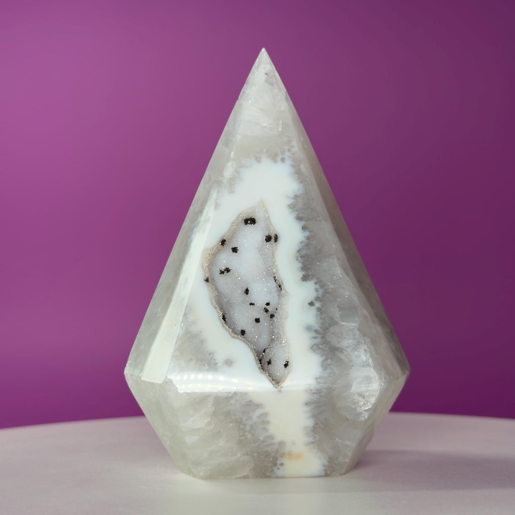 Brazilian Agate Diamond with Sugar Druzy Crystal Free Form Display